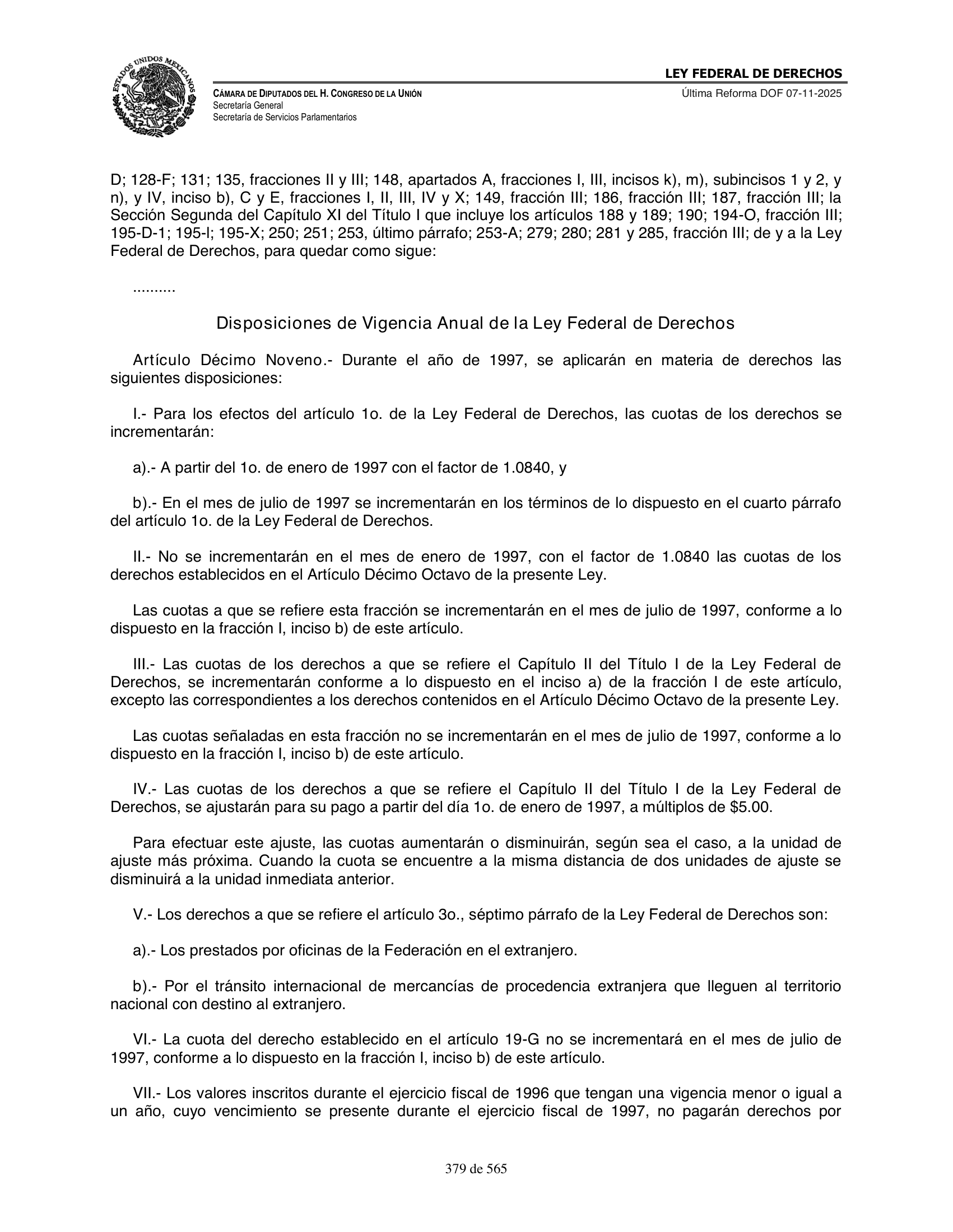 Ley Federal de Derechos — official Chamber compilation — original physical page 379 of 565; complete original page image governs, native search text may be incomplete.
