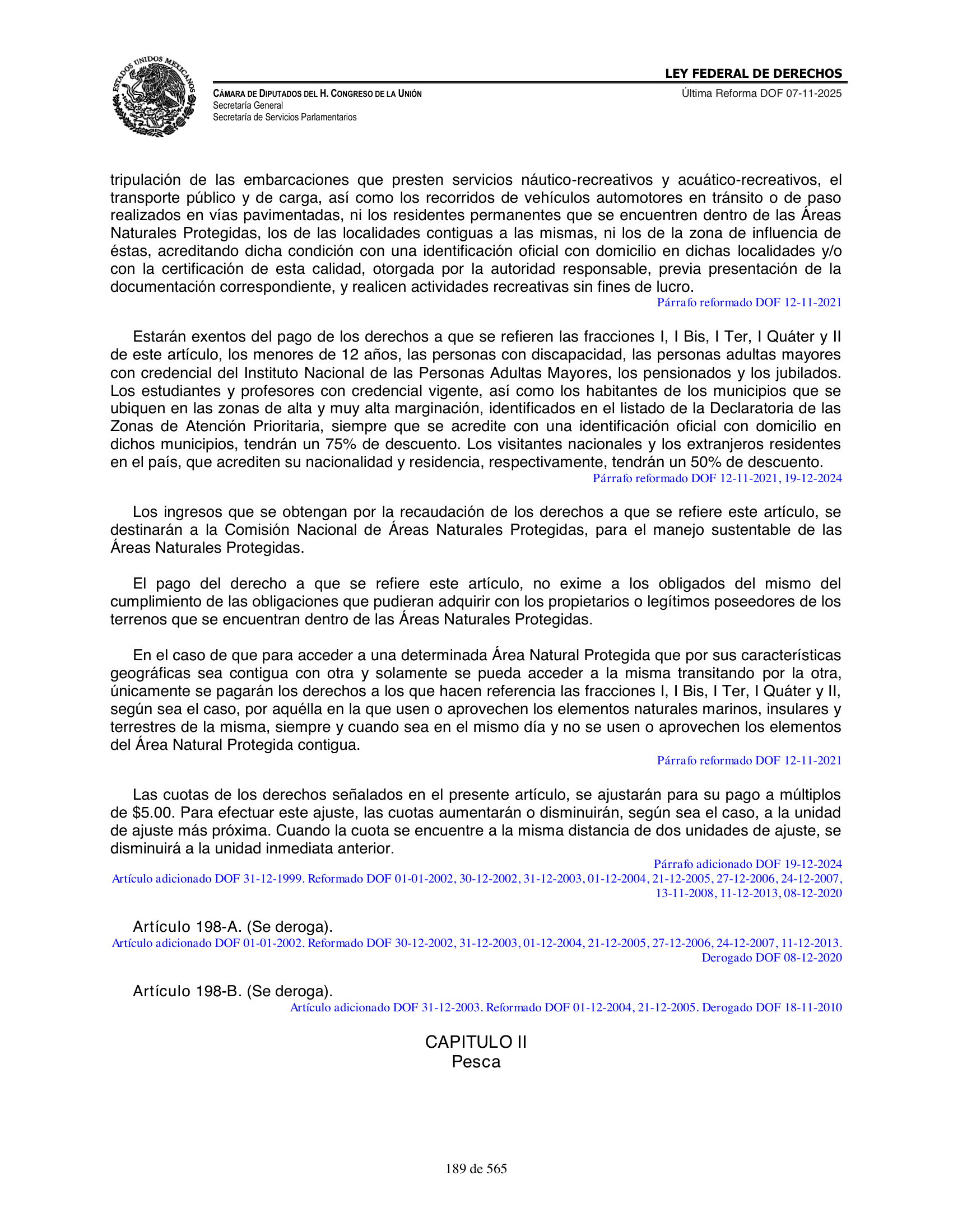 Ley Federal de Derechos — official Chamber compilation — original physical page 189 of 565; complete original page image governs, native search text may be incomplete.