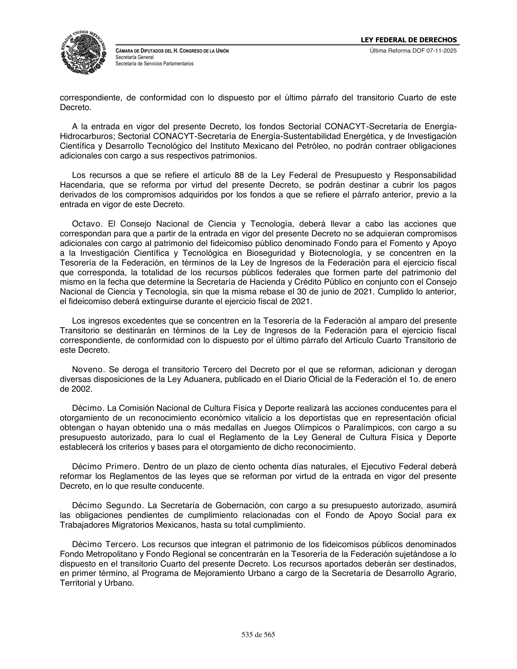 Ley Federal de Derechos — official Chamber compilation — original physical page 535 of 565; complete original page image governs, native search text may be incomplete.