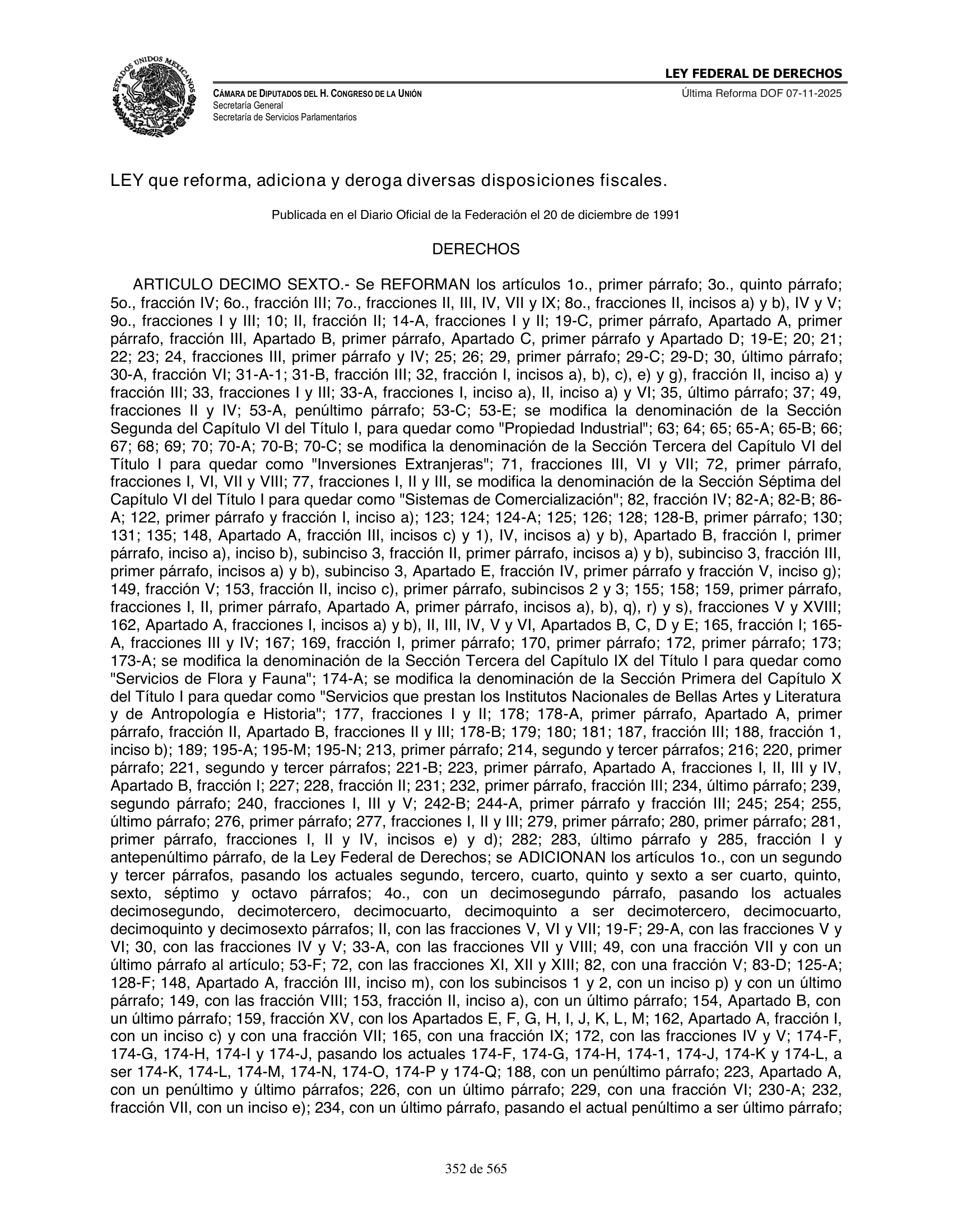 Ley Federal de Derechos — official Chamber compilation — original physical page 352 of 565; complete original page image governs, native search text may be incomplete.