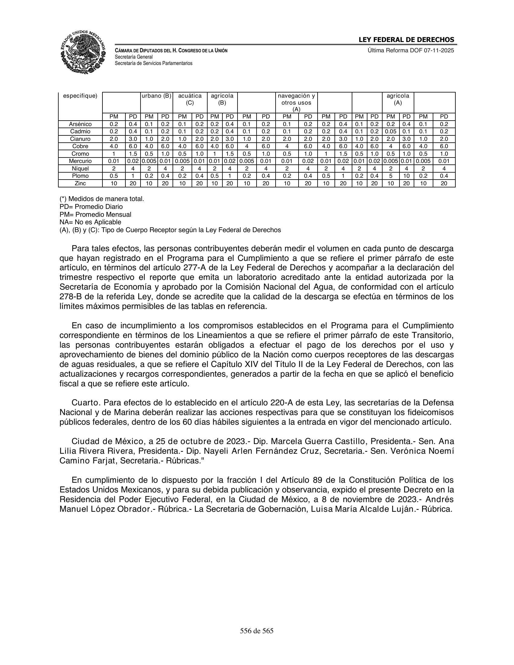 Ley Federal de Derechos — official Chamber compilation — original physical page 556 of 565; complete original page image governs, native search text may be incomplete.