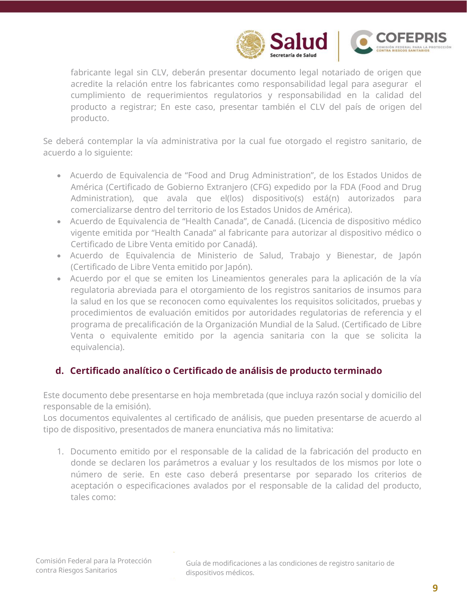 COFEPRIS — Guía de modificaciones de dispositivos médicos, diciembre 2025 — official PDF page 9