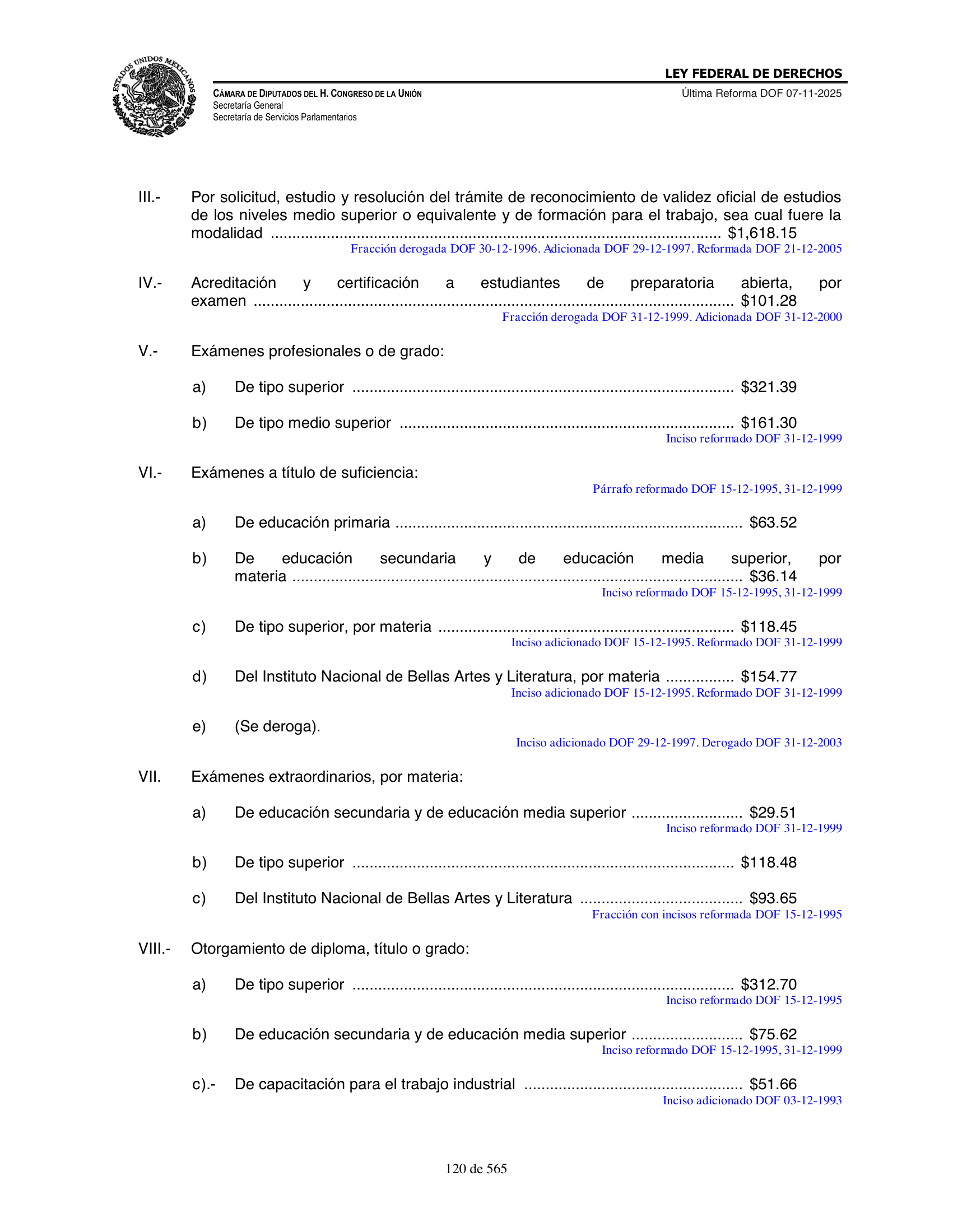 Ley Federal de Derechos — official Chamber compilation — original physical page 120 of 565; complete original page image governs, native search text may be incomplete.