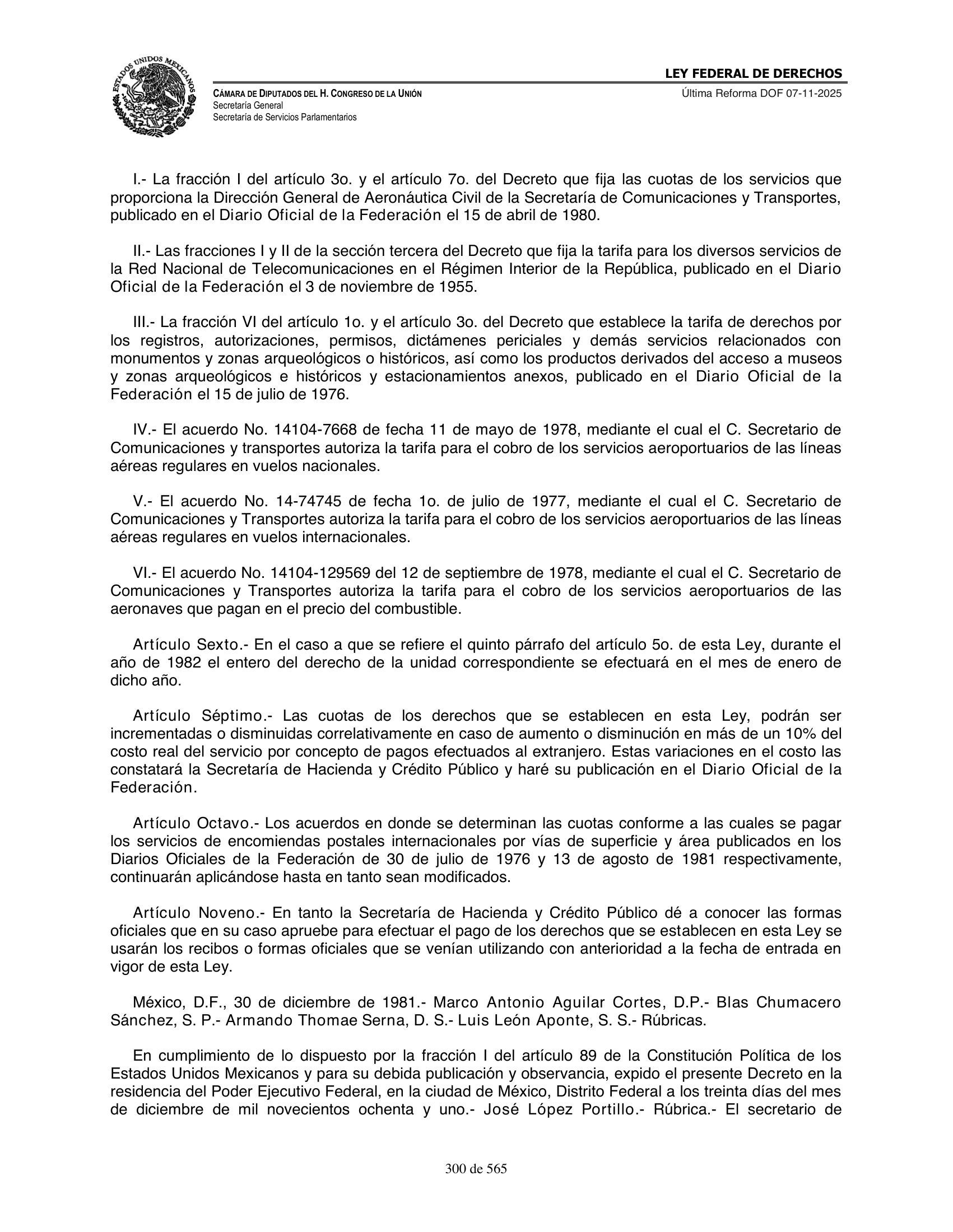 Ley Federal de Derechos — official Chamber compilation — original physical page 300 of 565; complete original page image governs, native search text may be incomplete.