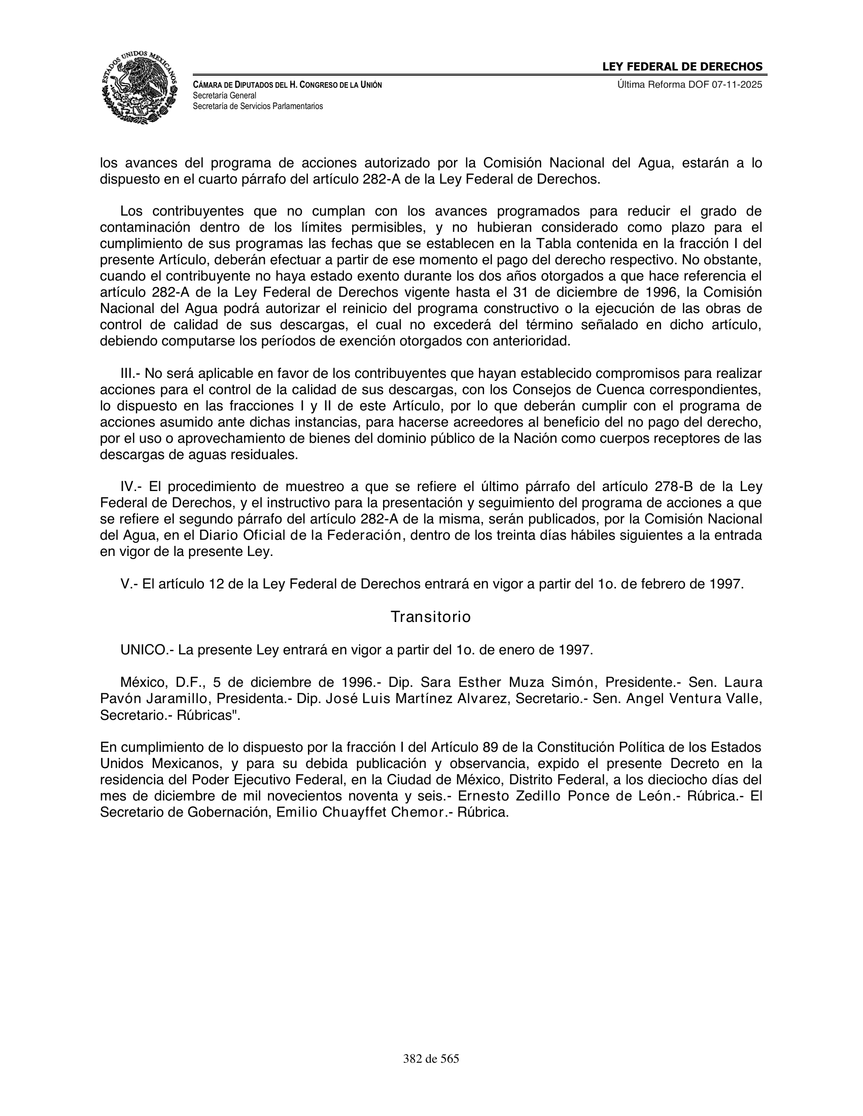 Ley Federal de Derechos — official Chamber compilation — original physical page 382 of 565; complete original page image governs, native search text may be incomplete.