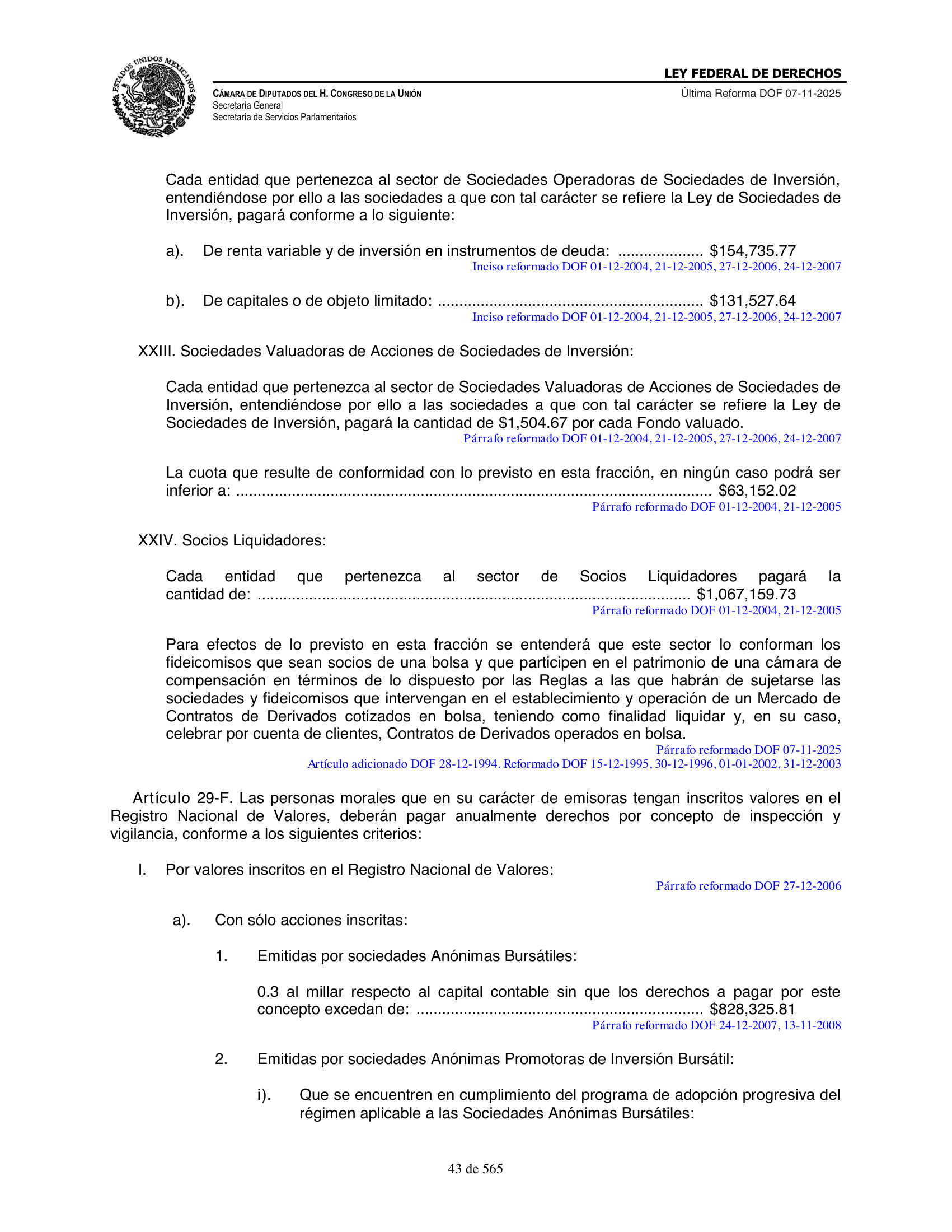 Ley Federal de Derechos — official Chamber compilation — original physical page 43 of 565; complete original page image governs, native search text may be incomplete.