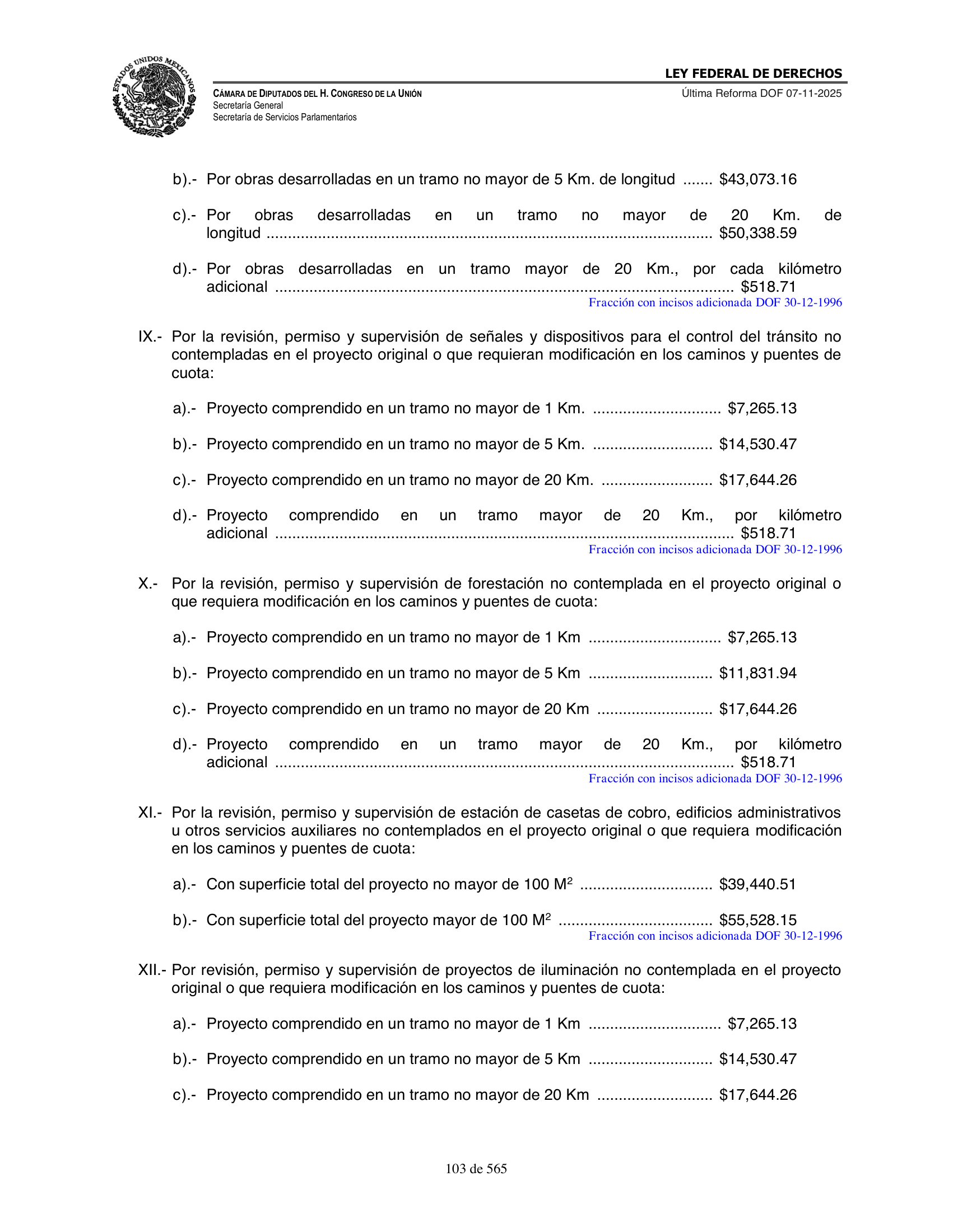 Ley Federal de Derechos — official Chamber compilation — original physical page 103 of 565; complete original page image governs, native search text may be incomplete.
