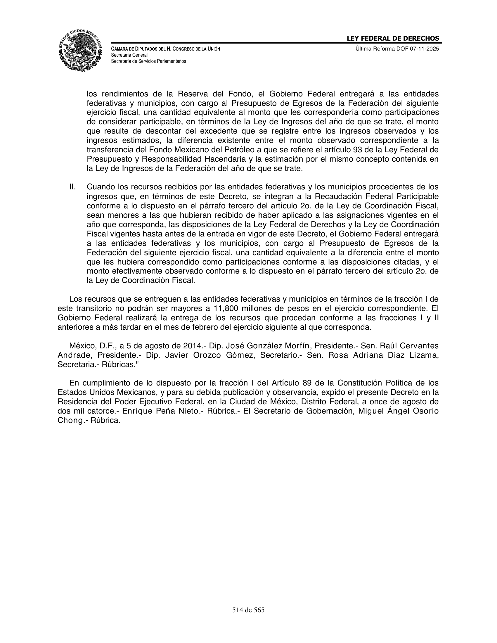 Ley Federal de Derechos — official Chamber compilation — original physical page 514 of 565; complete original page image governs, native search text may be incomplete.