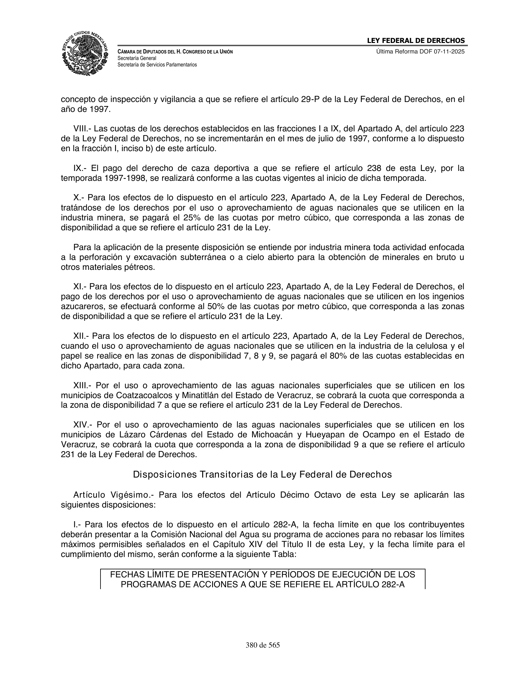 Ley Federal de Derechos — official Chamber compilation — original physical page 380 of 565; complete original page image governs, native search text may be incomplete.