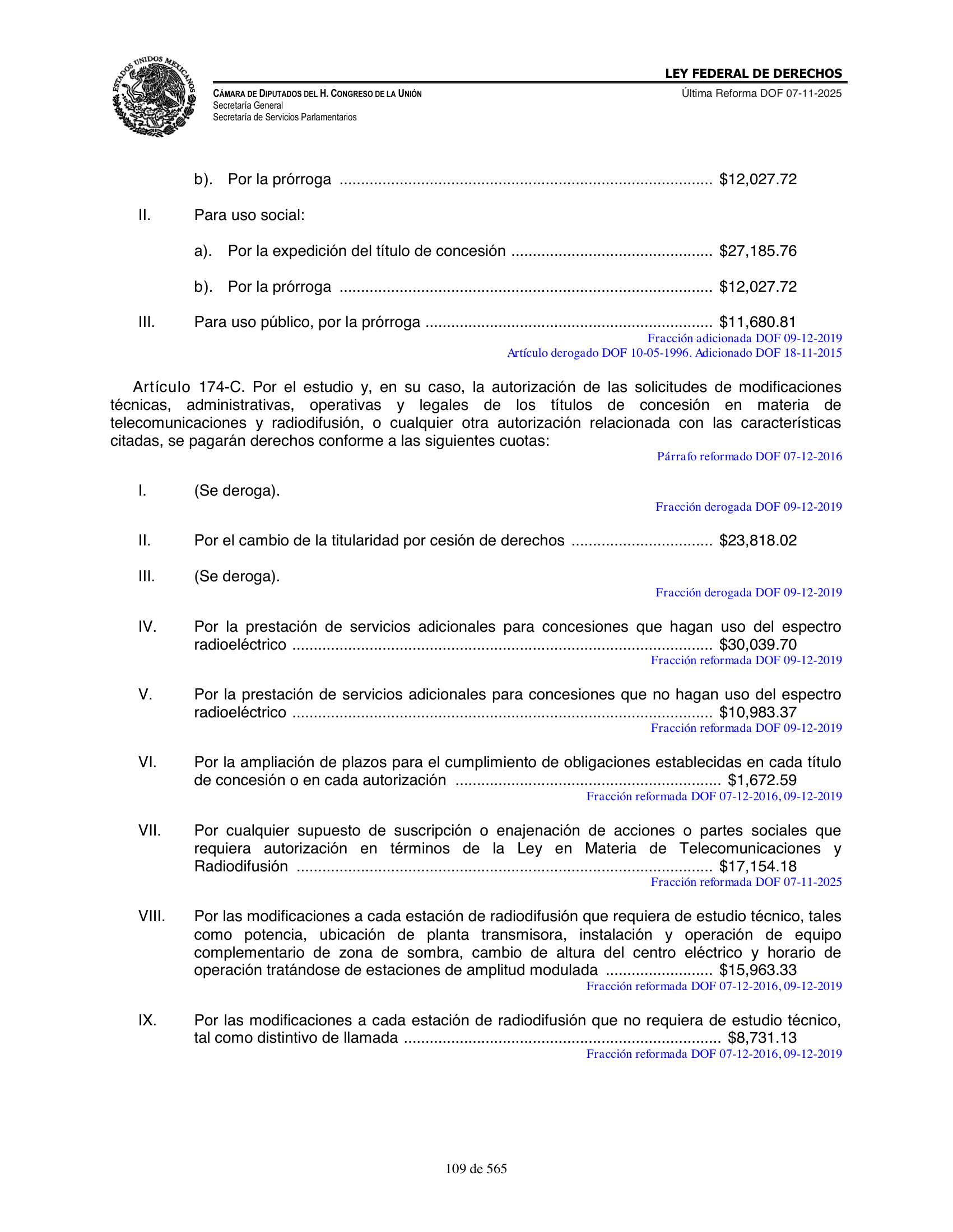 Ley Federal de Derechos — official Chamber compilation — original physical page 109 of 565; complete original page image governs, native search text may be incomplete.