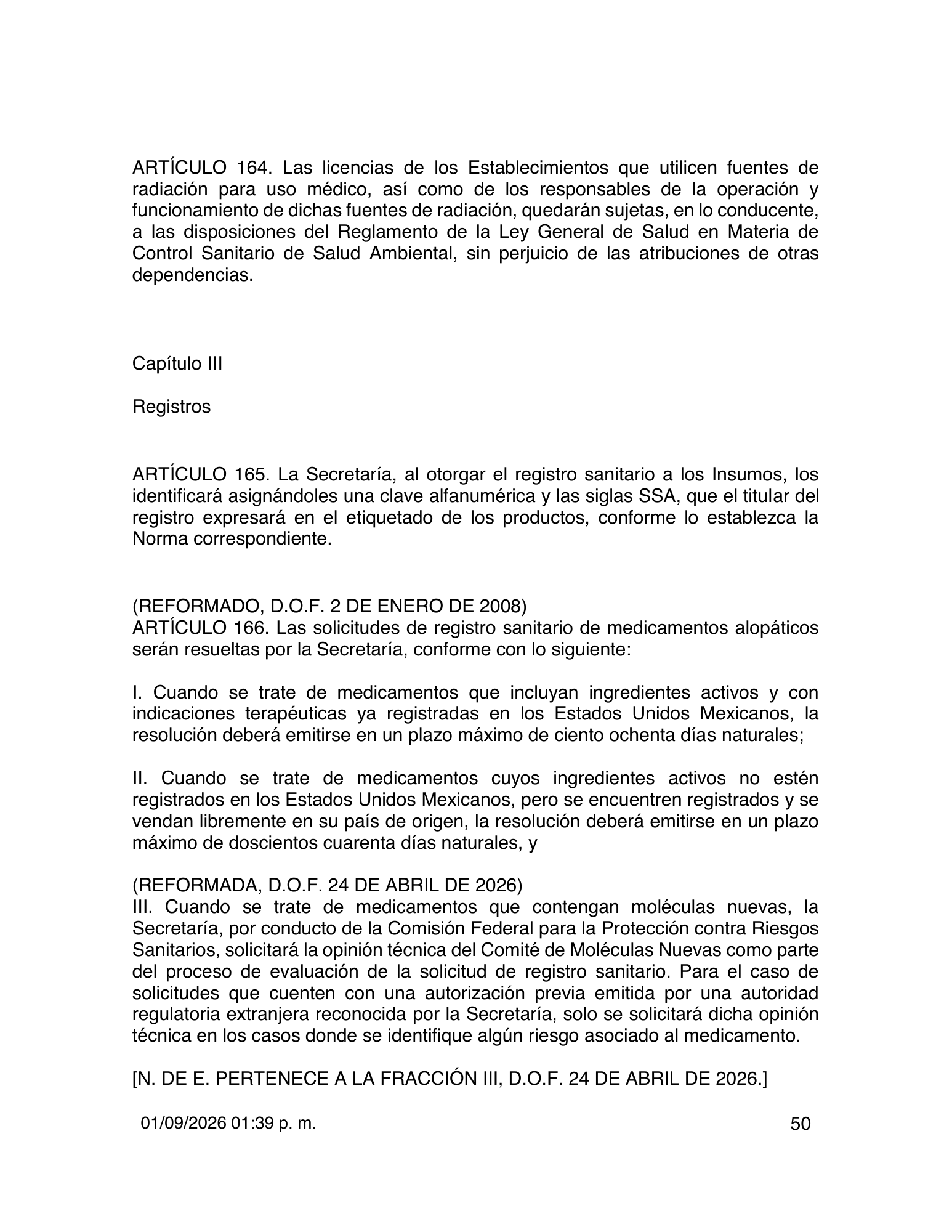 Reglamento de Insumos para la Salud — 2026 compiled expression — official PDF page 50