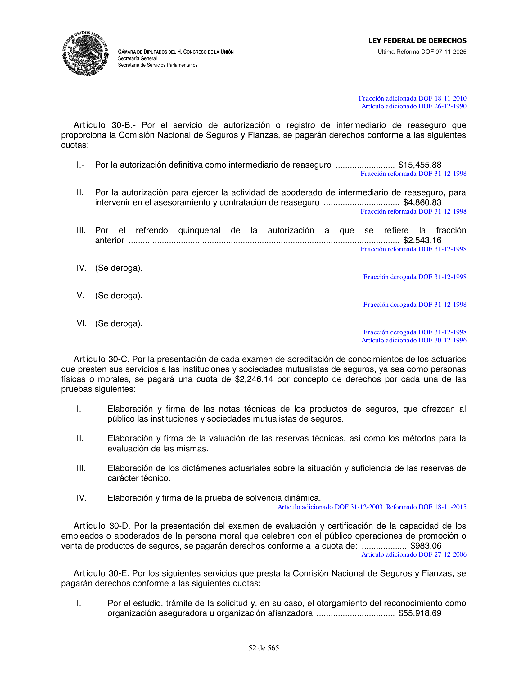 Ley Federal de Derechos — official Chamber compilation — original physical page 52 of 565; complete original page image governs, native search text may be incomplete.