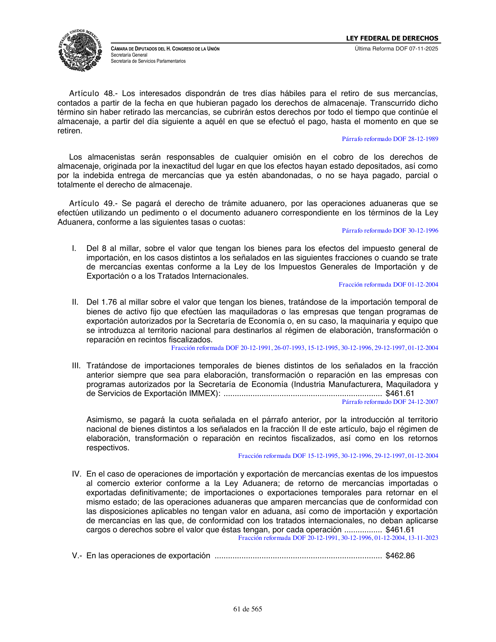 Ley Federal de Derechos — official Chamber compilation — original physical page 61 of 565; complete original page image governs, native search text may be incomplete.