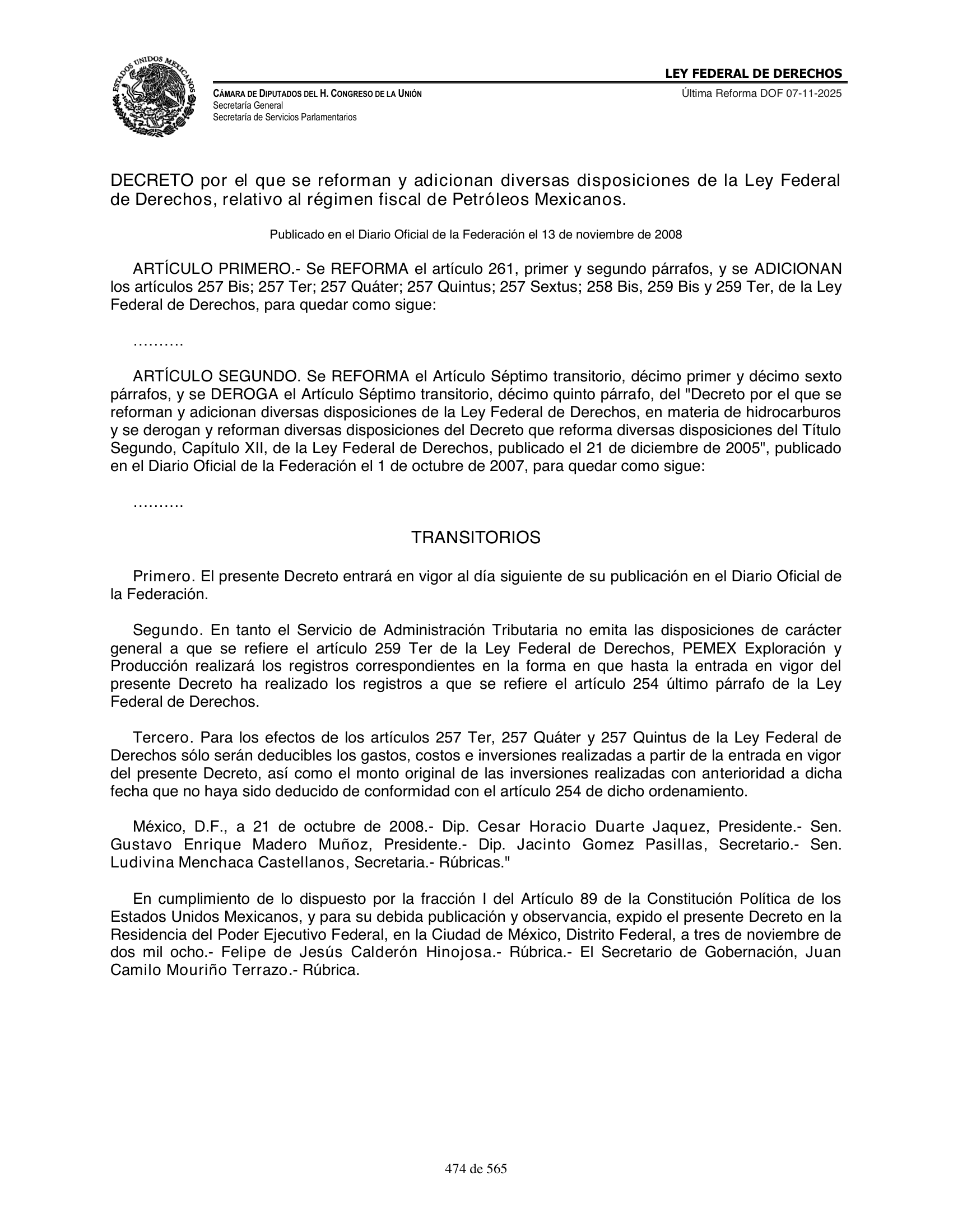 Ley Federal de Derechos — official Chamber compilation — original physical page 474 of 565; complete original page image governs, native search text may be incomplete.