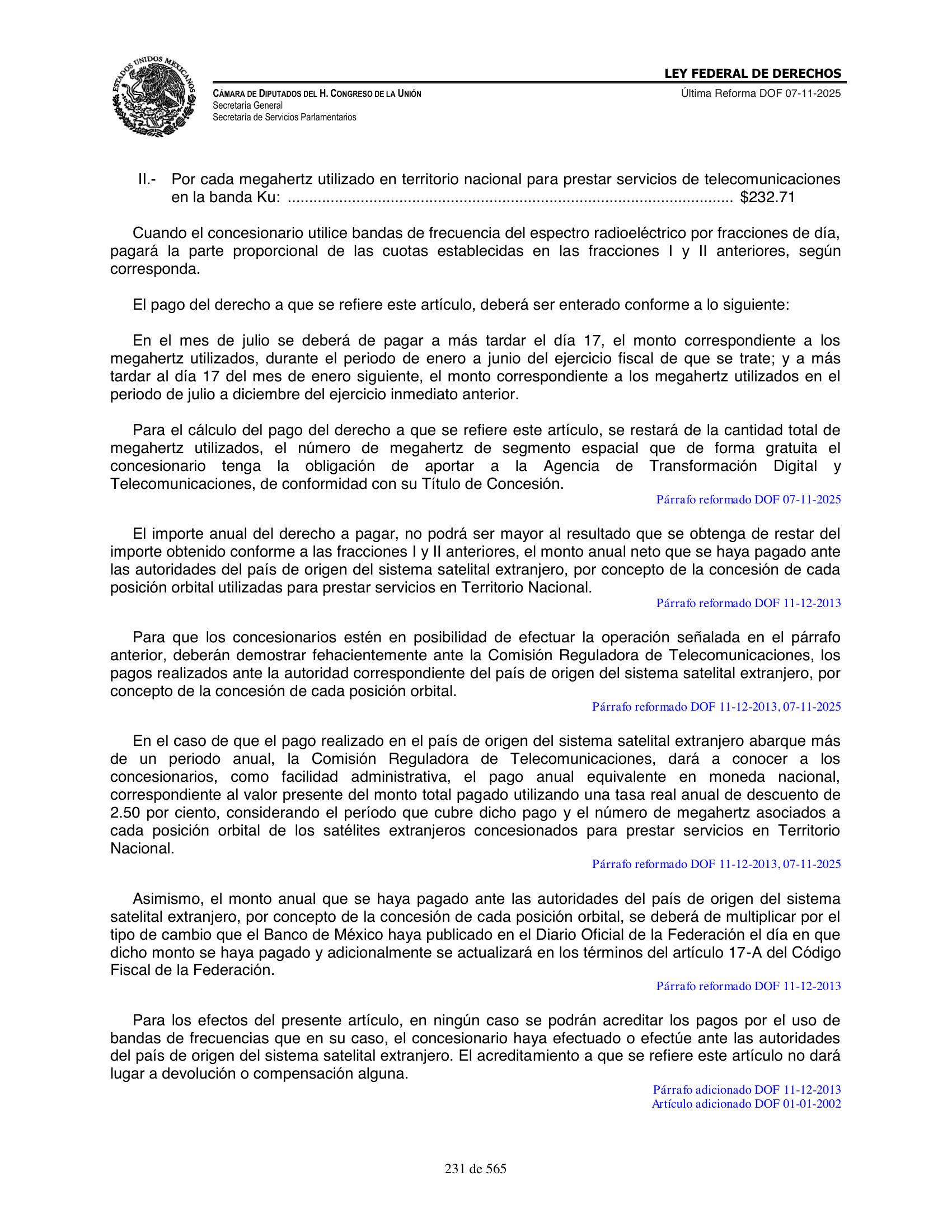 Ley Federal de Derechos — official Chamber compilation — original physical page 231 of 565; complete original page image governs, native search text may be incomplete.