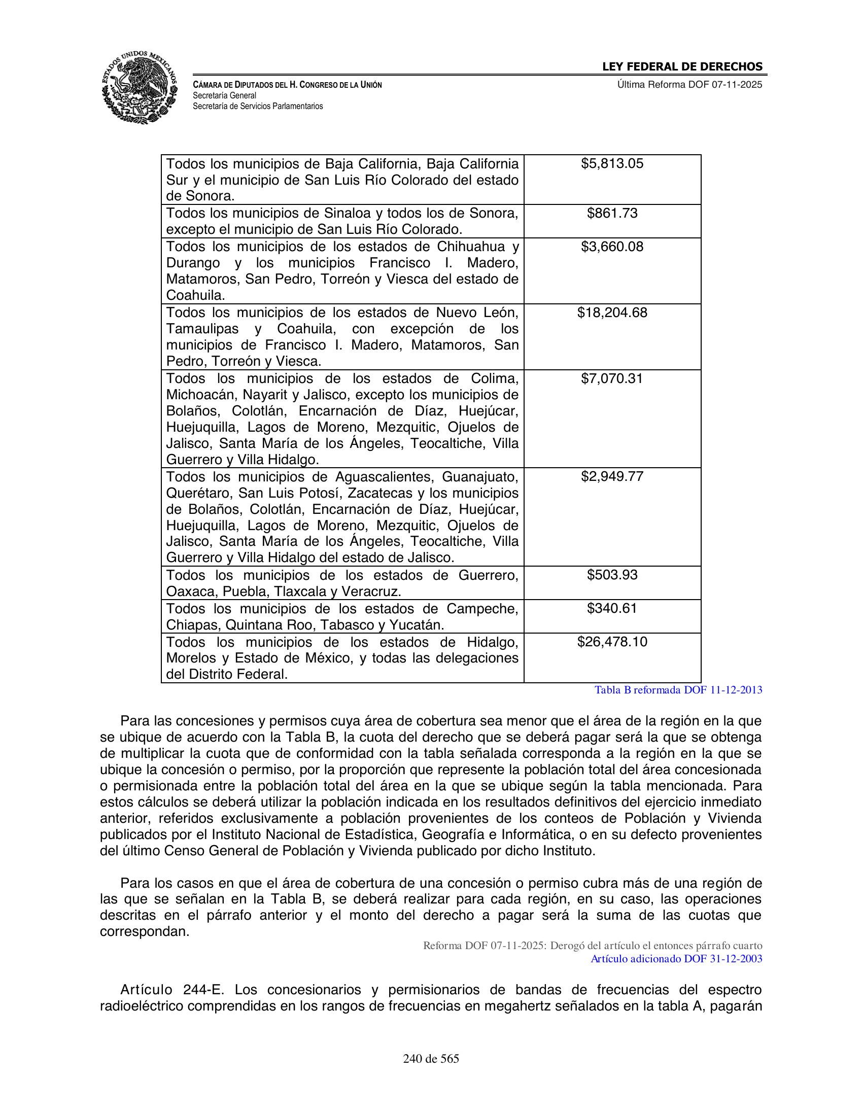 Ley Federal de Derechos — official Chamber compilation — original physical page 240 of 565; complete original page image governs, native search text may be incomplete.