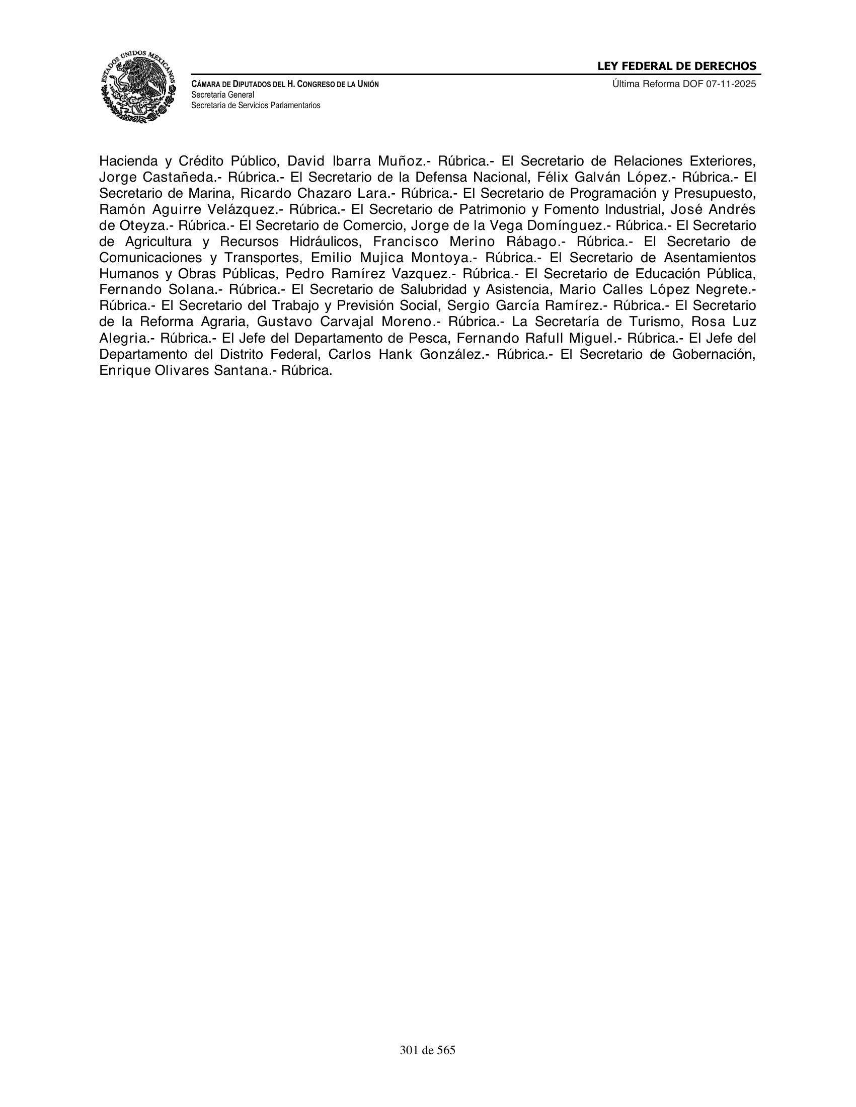 Ley Federal de Derechos — official Chamber compilation — original physical page 301 of 565; complete original page image governs, native search text may be incomplete.