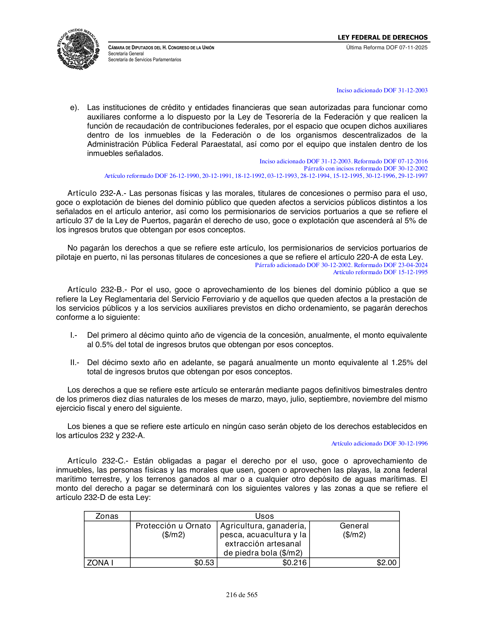 Ley Federal de Derechos — official Chamber compilation — original physical page 216 of 565; complete original page image governs, native search text may be incomplete.