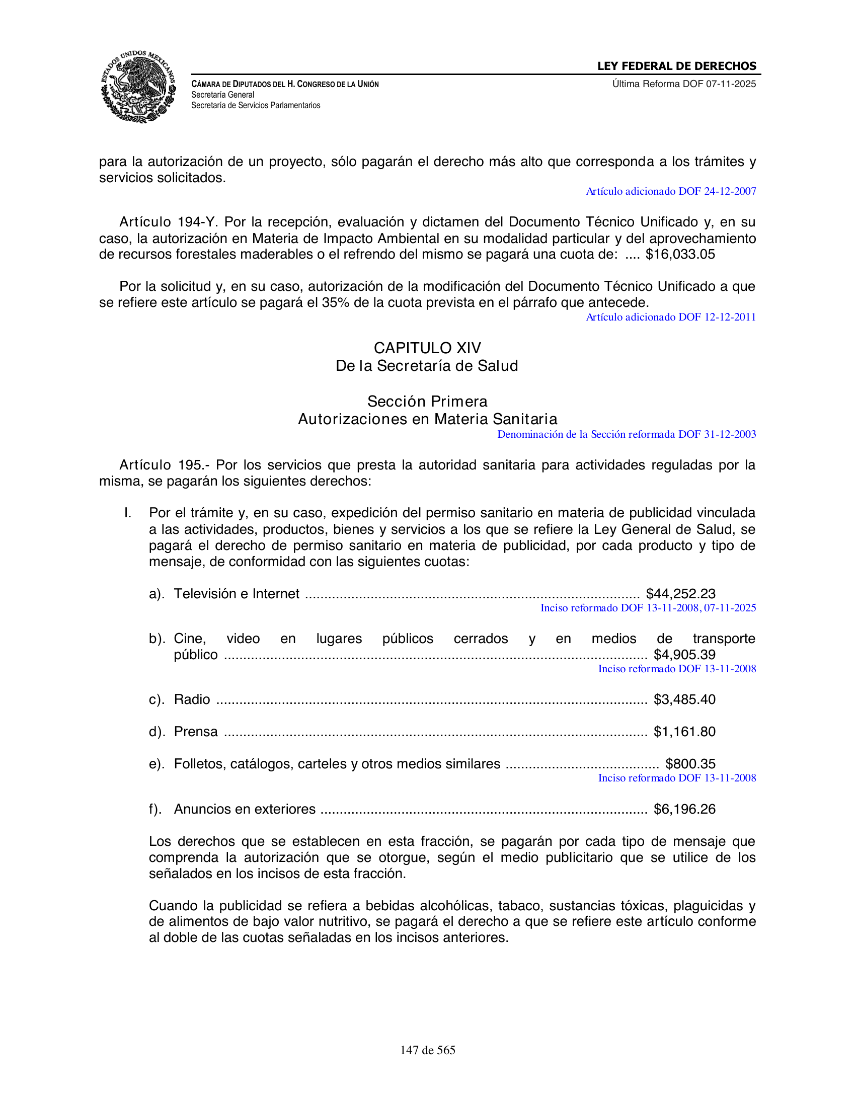 Ley Federal de Derechos — official Chamber compilation — original physical page 147 of 565; complete original page image governs, native search text may be incomplete.