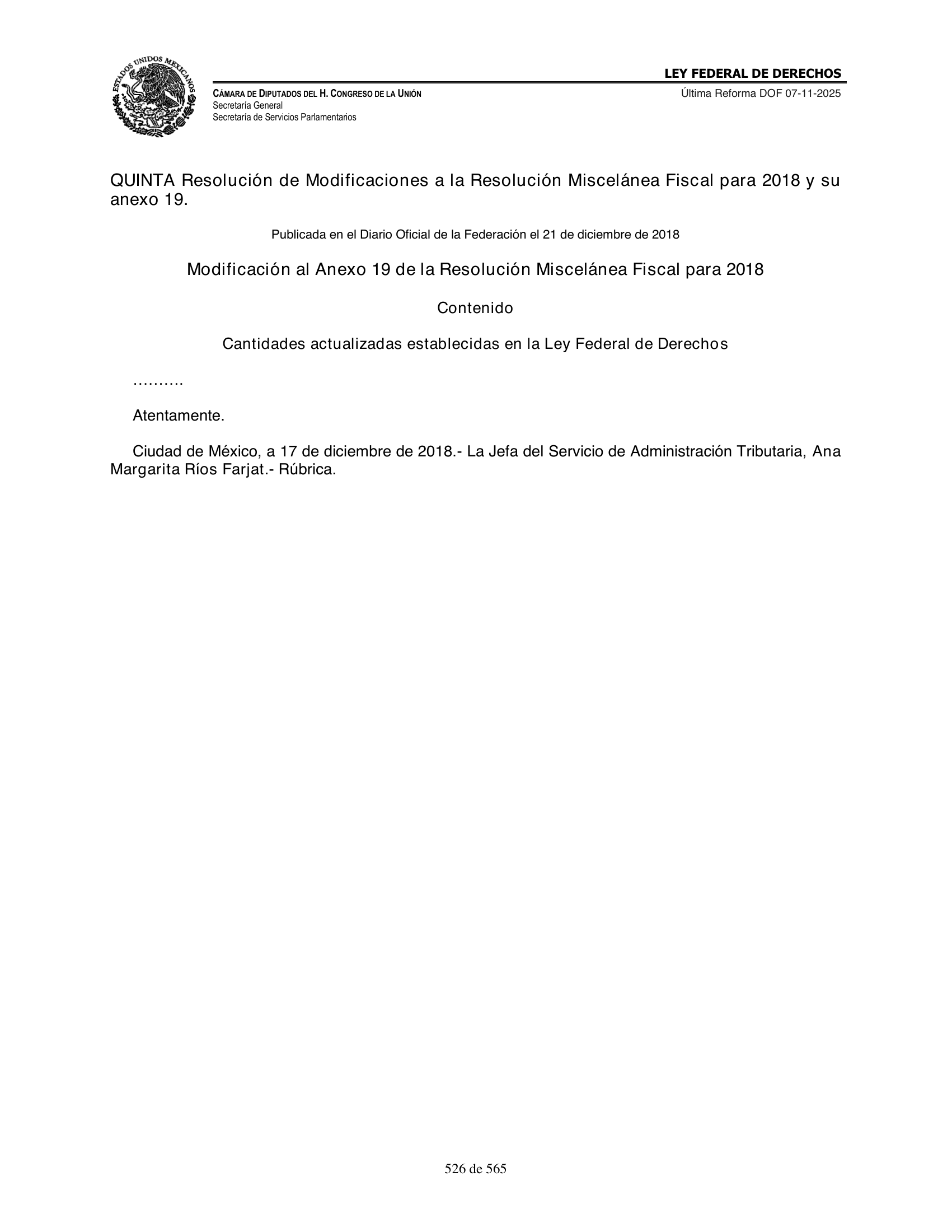 Ley Federal de Derechos — official Chamber compilation — original physical page 526 of 565; complete original page image governs, native search text may be incomplete.