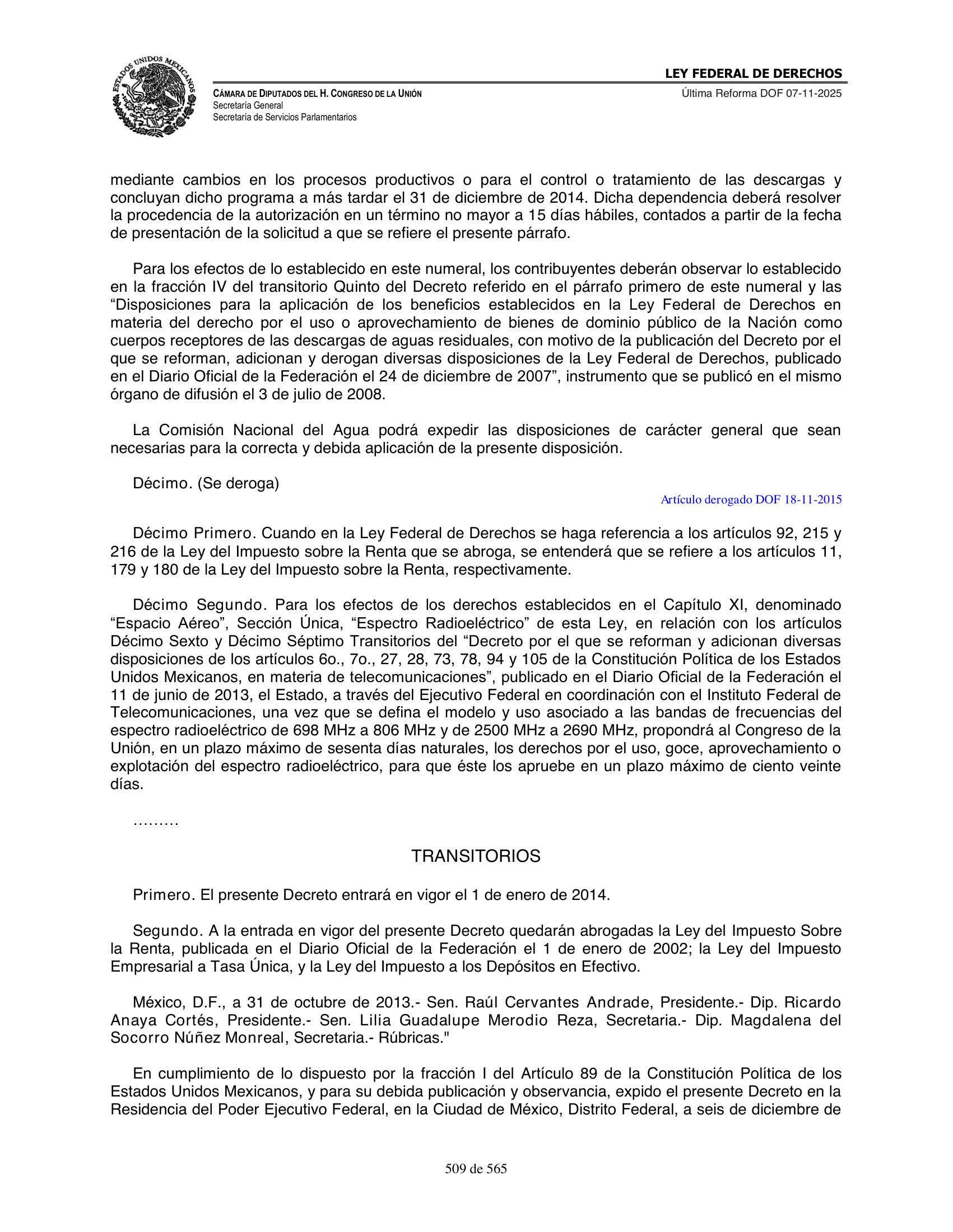 Ley Federal de Derechos — official Chamber compilation — original physical page 509 of 565; complete original page image governs, native search text may be incomplete.