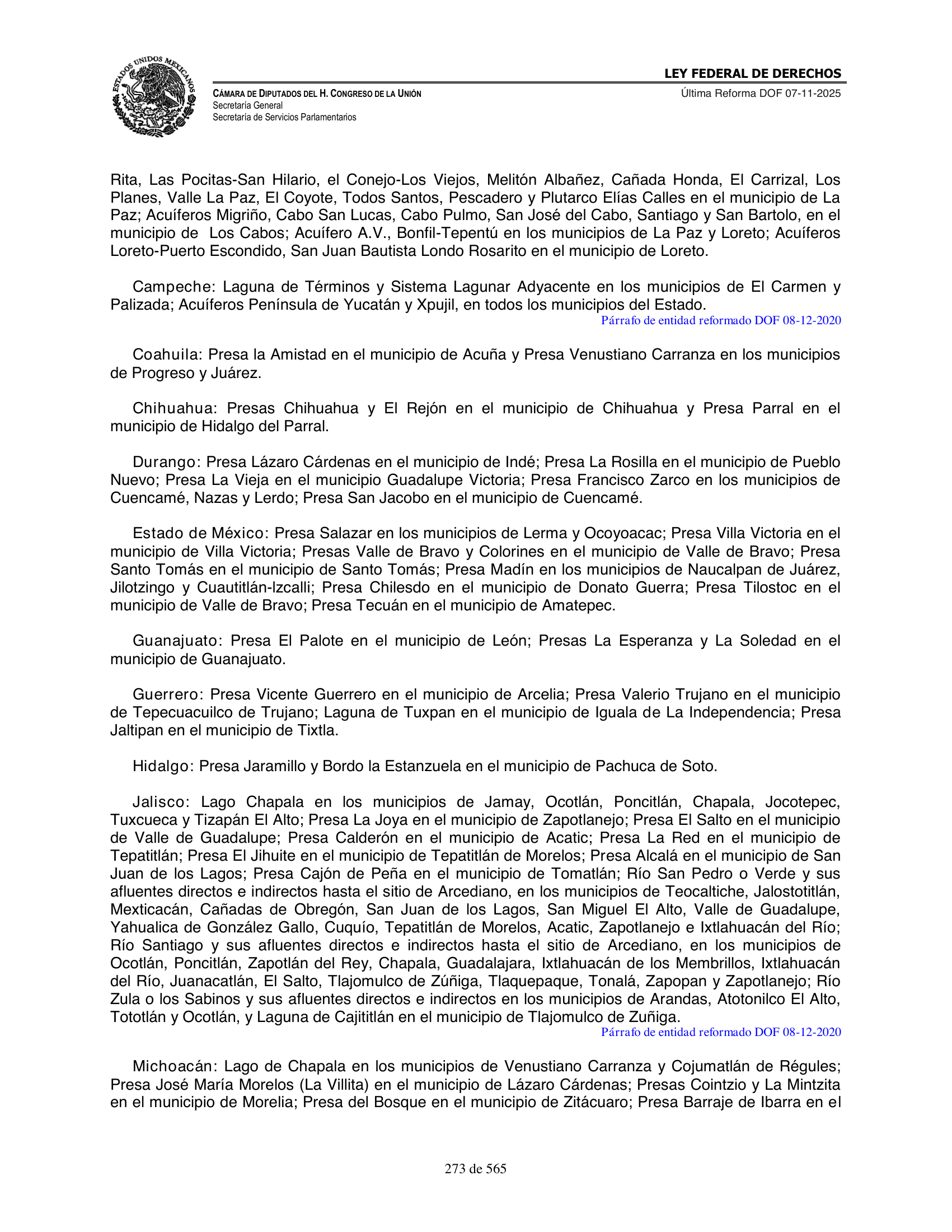 Ley Federal de Derechos — official Chamber compilation — original physical page 273 of 565; complete original page image governs, native search text may be incomplete.