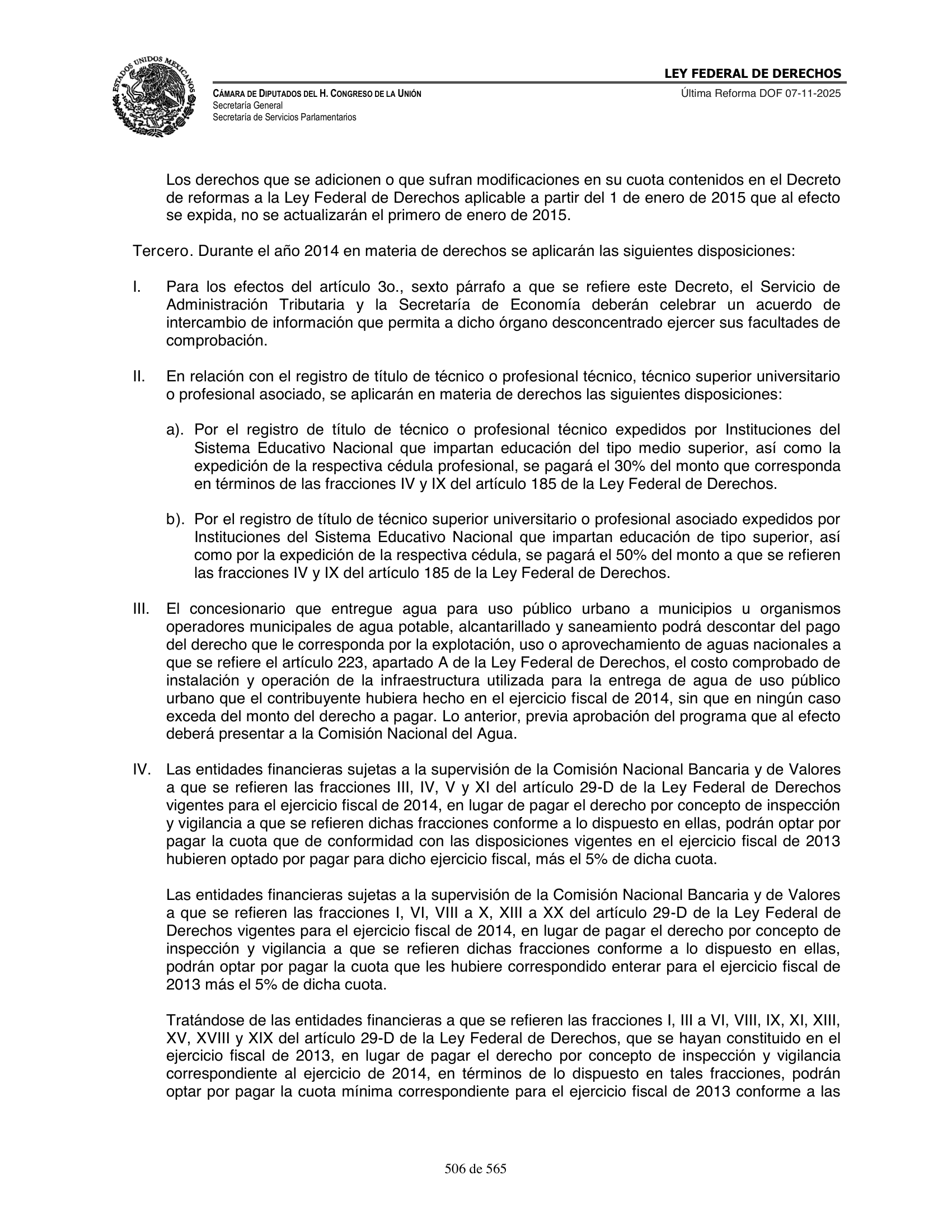 Ley Federal de Derechos — official Chamber compilation — original physical page 506 of 565; complete original page image governs, native search text may be incomplete.