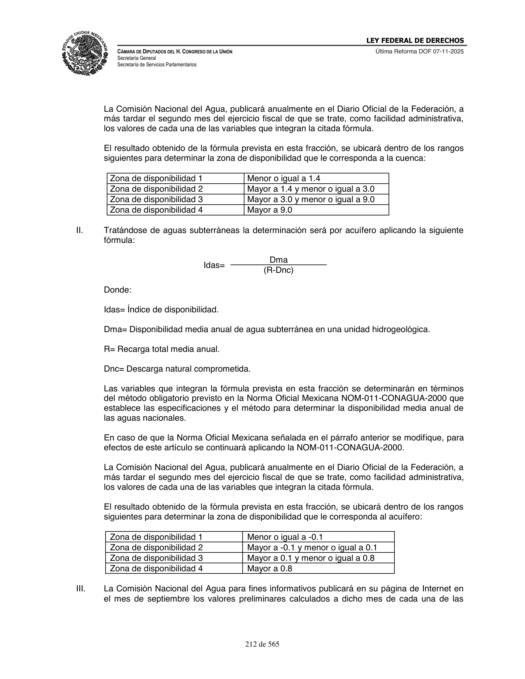 Ley Federal de Derechos — official Chamber compilation — original physical page 212 of 565; complete original page image governs, native search text may be incomplete.