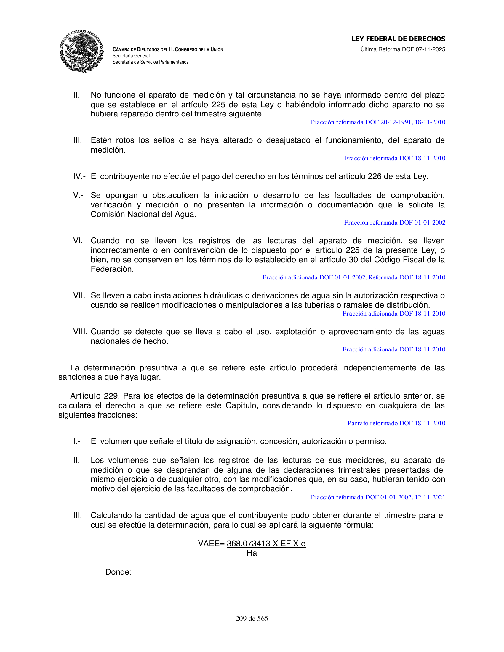 Ley Federal de Derechos — official Chamber compilation — original physical page 209 of 565; complete original page image governs, native search text may be incomplete.