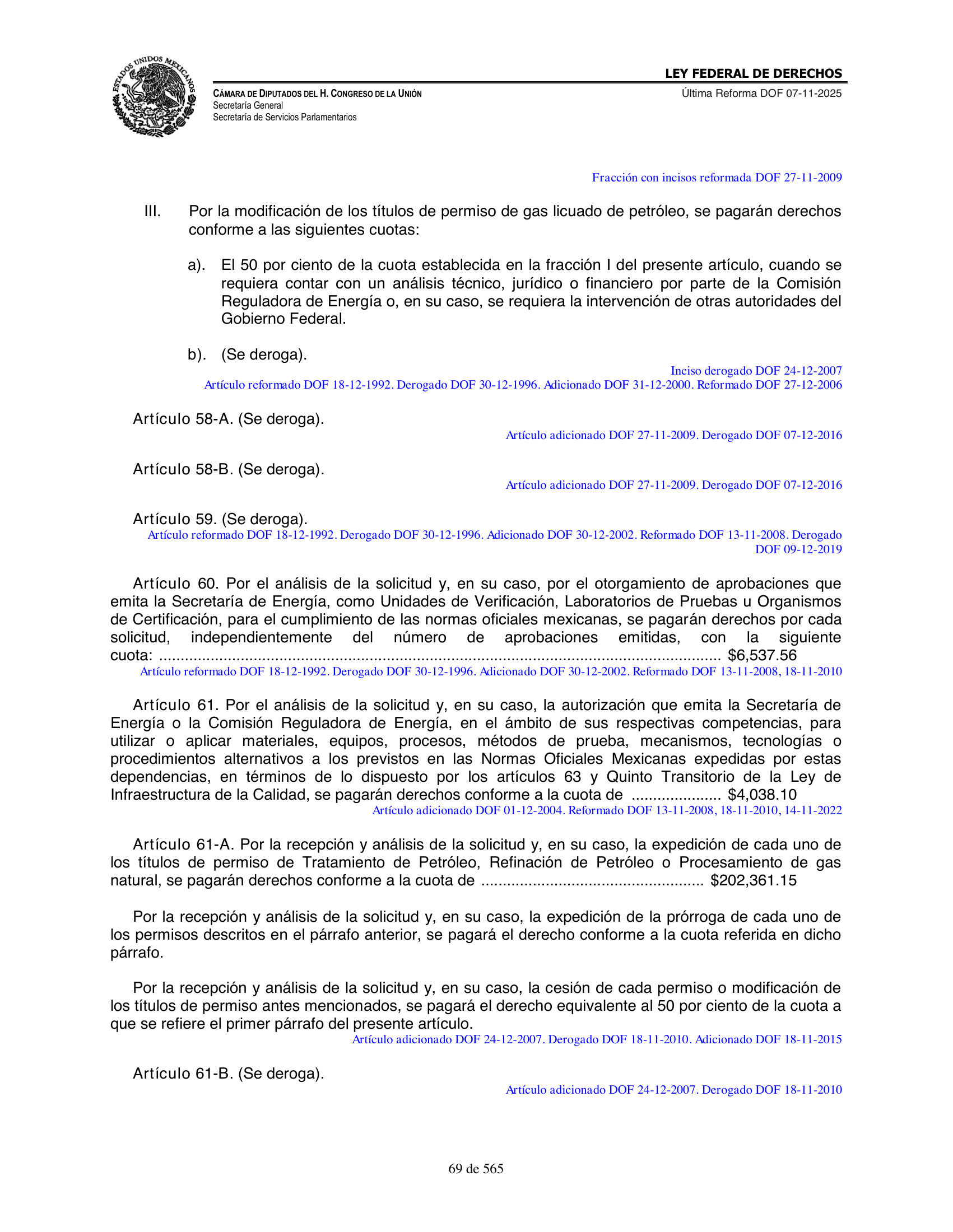 Ley Federal de Derechos — official Chamber compilation — original physical page 69 of 565; complete original page image governs, native search text may be incomplete.
