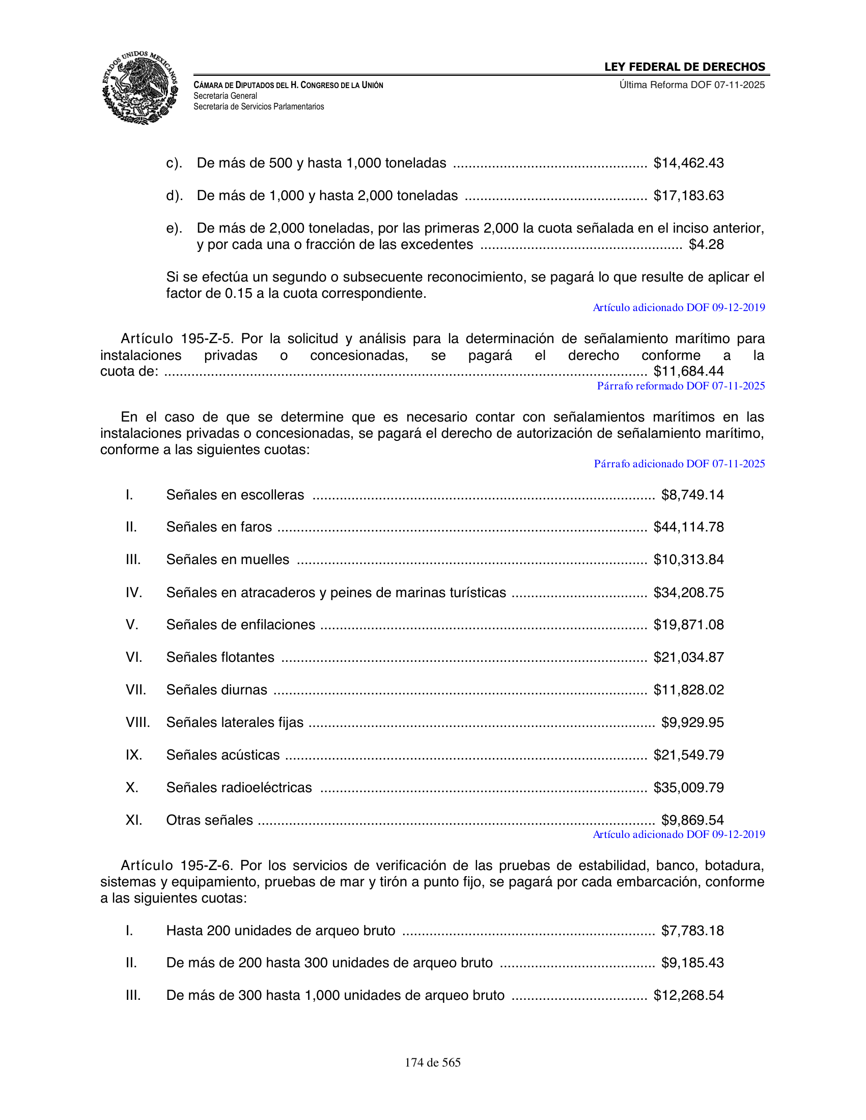 Ley Federal de Derechos — official Chamber compilation — original physical page 174 of 565; complete original page image governs, native search text may be incomplete.