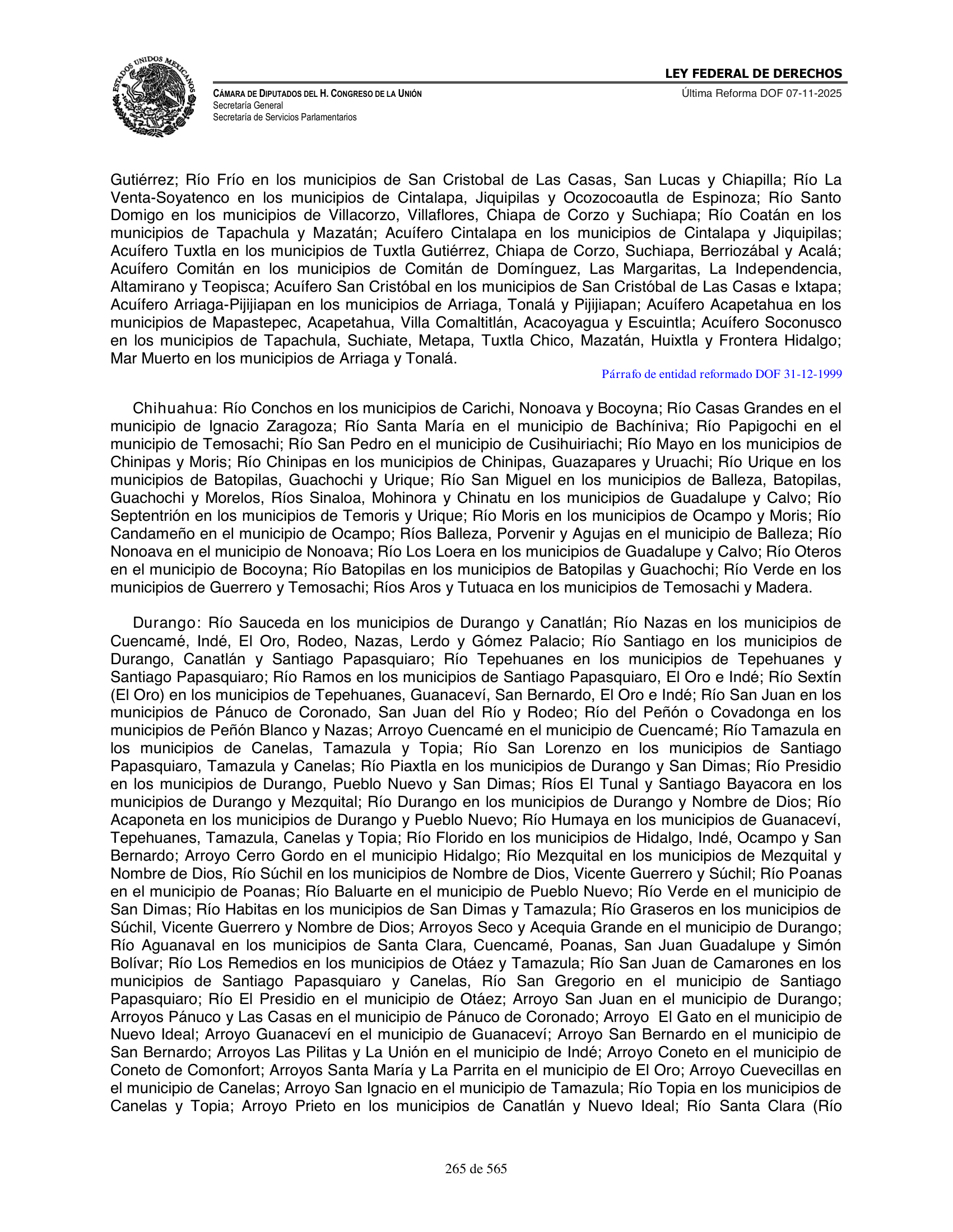Ley Federal de Derechos — official Chamber compilation — original physical page 265 of 565; complete original page image governs, native search text may be incomplete.