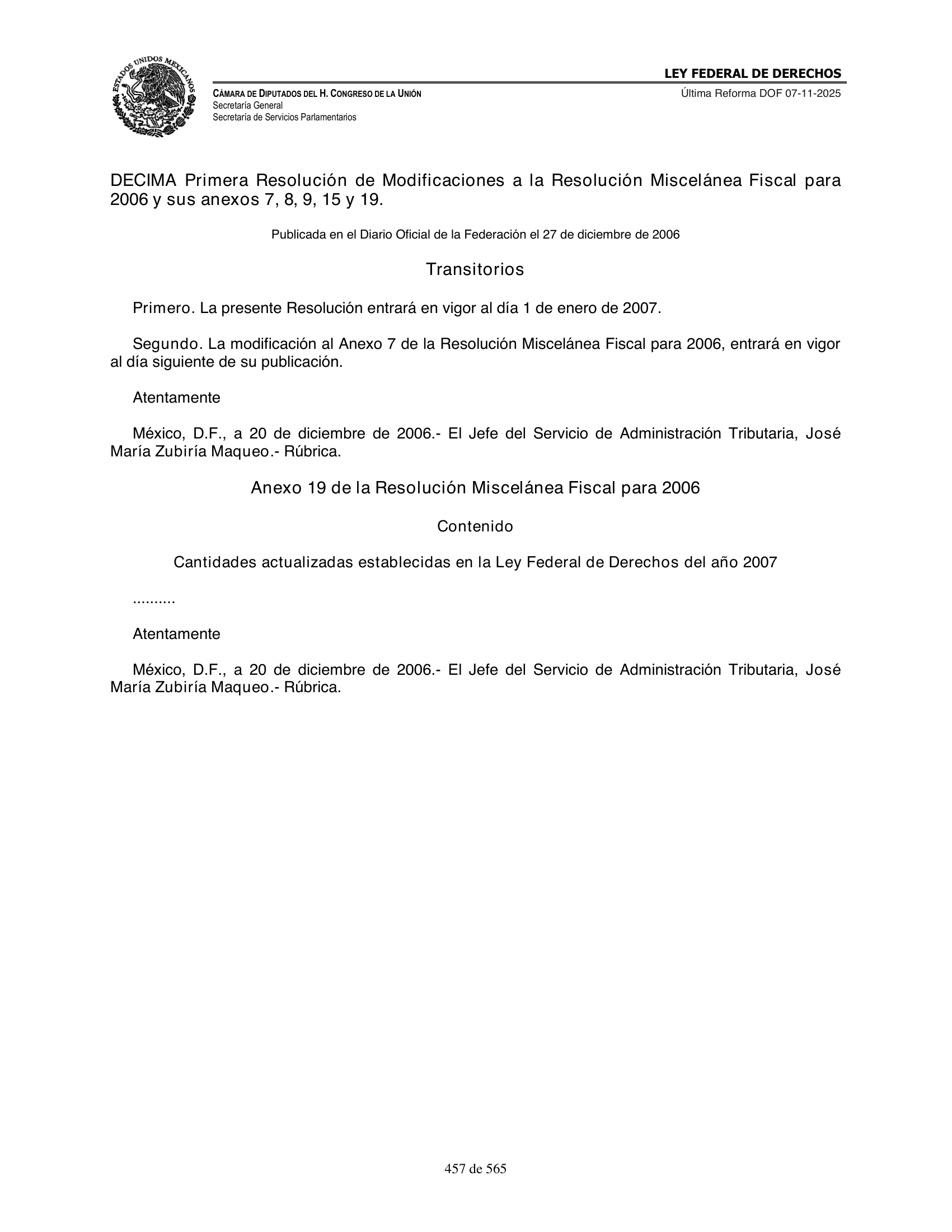 Ley Federal de Derechos — official Chamber compilation — original physical page 457 of 565; complete original page image governs, native search text may be incomplete.