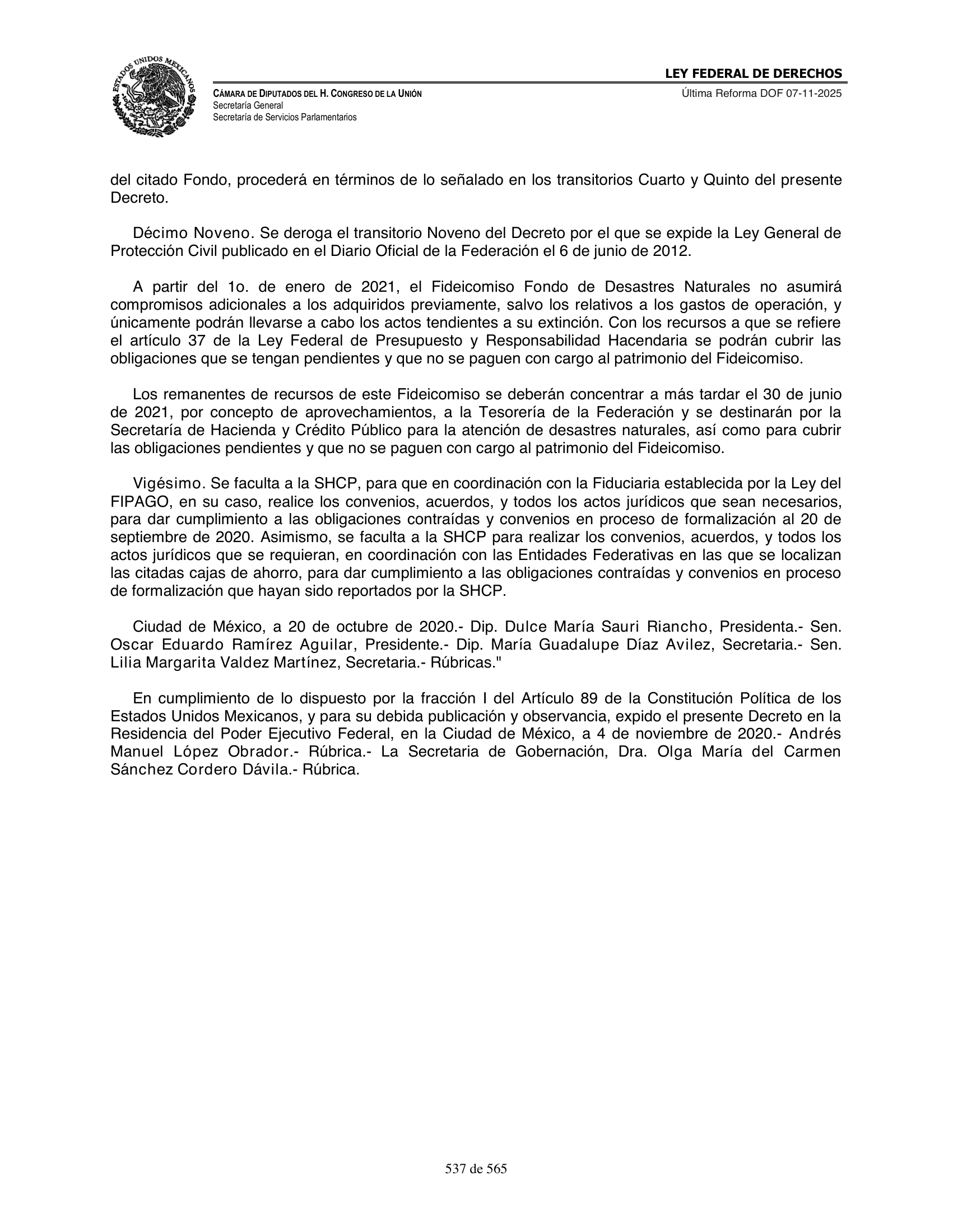 Ley Federal de Derechos — official Chamber compilation — original physical page 537 of 565; complete original page image governs, native search text may be incomplete.
