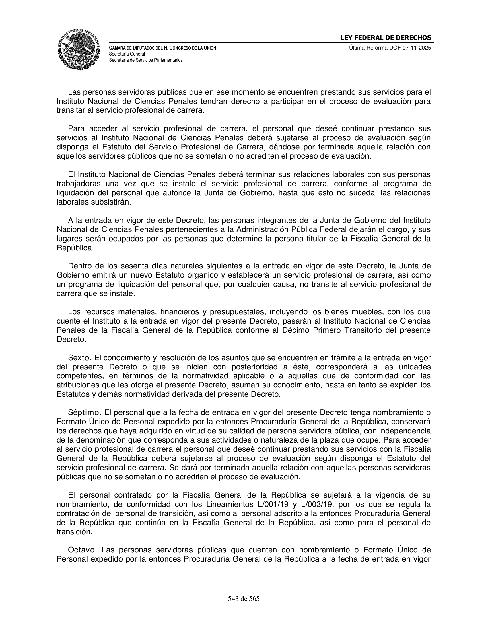 Ley Federal de Derechos — official Chamber compilation — original physical page 543 of 565; complete original page image governs, native search text may be incomplete.