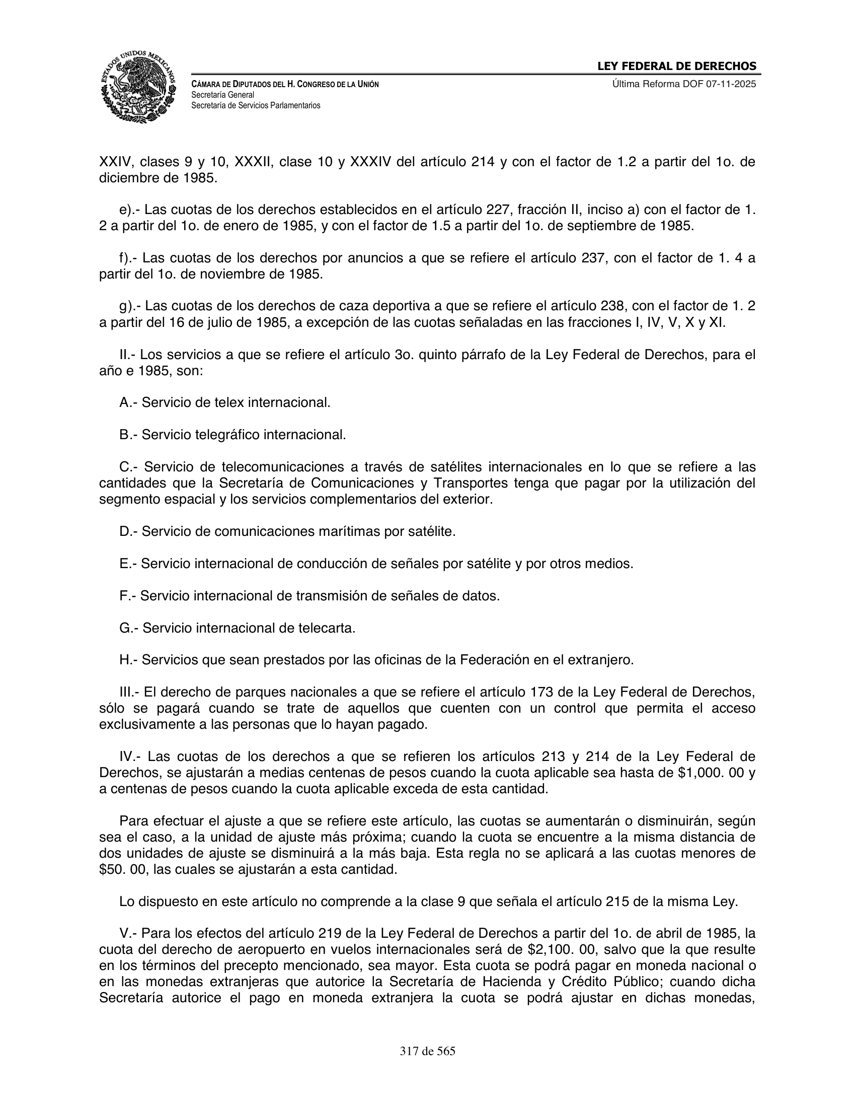 Ley Federal de Derechos — official Chamber compilation — original physical page 317 of 565; complete original page image governs, native search text may be incomplete.