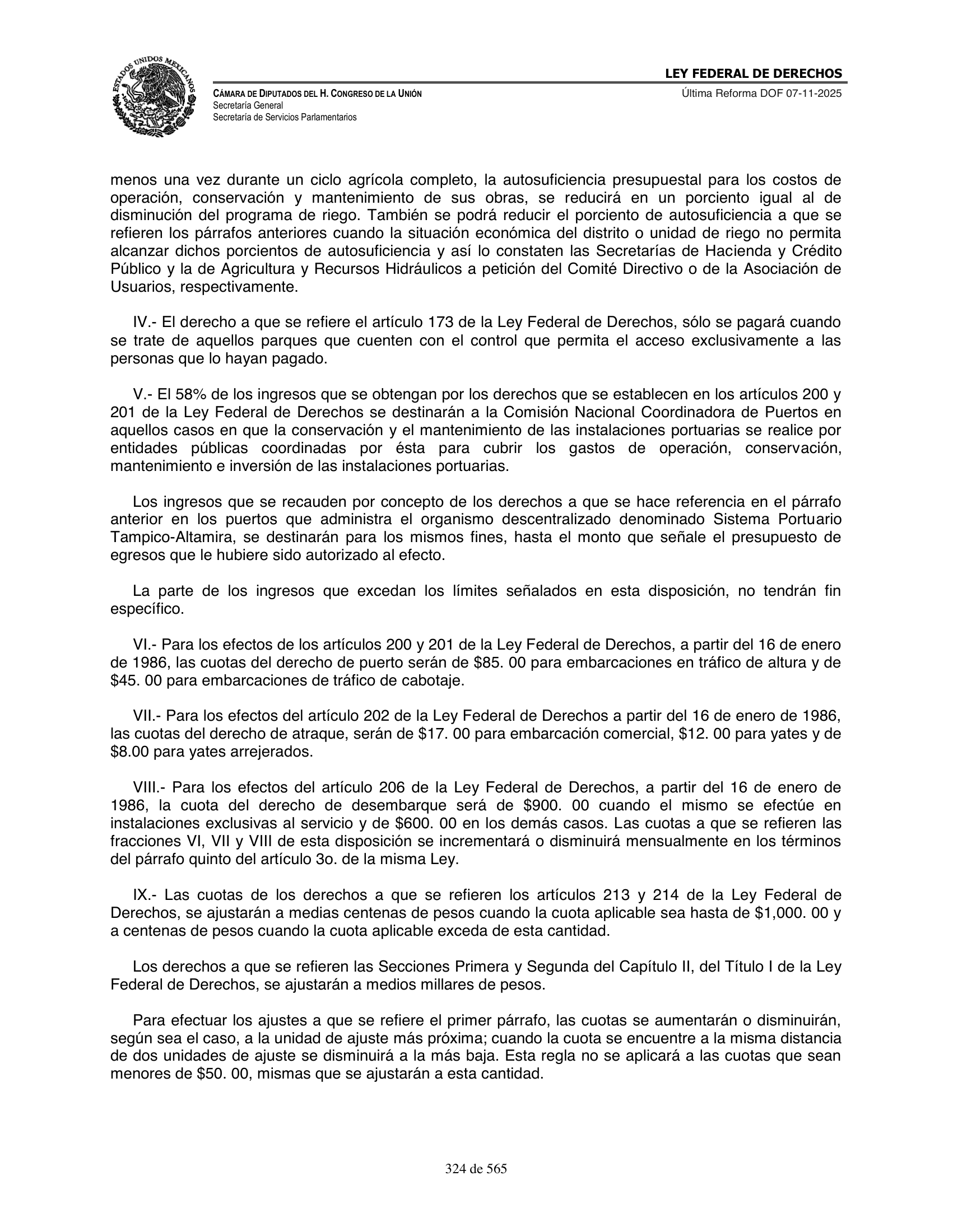 Ley Federal de Derechos — official Chamber compilation — original physical page 324 of 565; complete original page image governs, native search text may be incomplete.