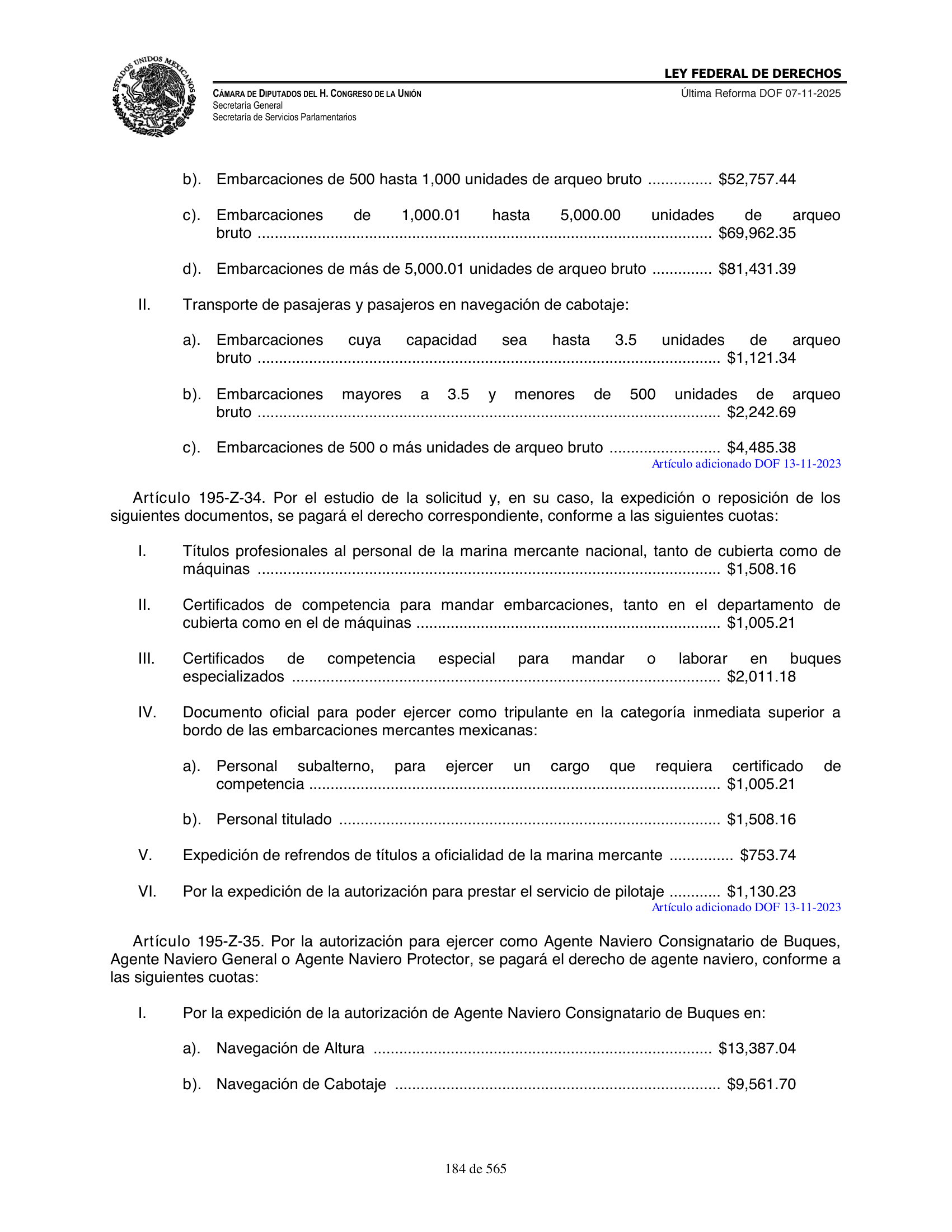 Ley Federal de Derechos — official Chamber compilation — original physical page 184 of 565; complete original page image governs, native search text may be incomplete.