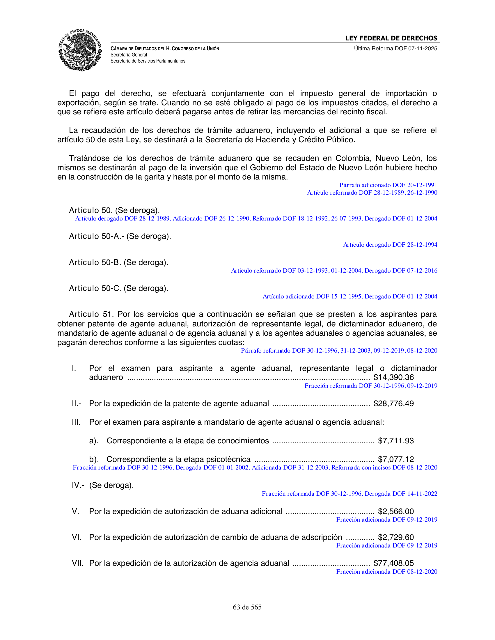 Ley Federal de Derechos — official Chamber compilation — original physical page 63 of 565; complete original page image governs, native search text may be incomplete.