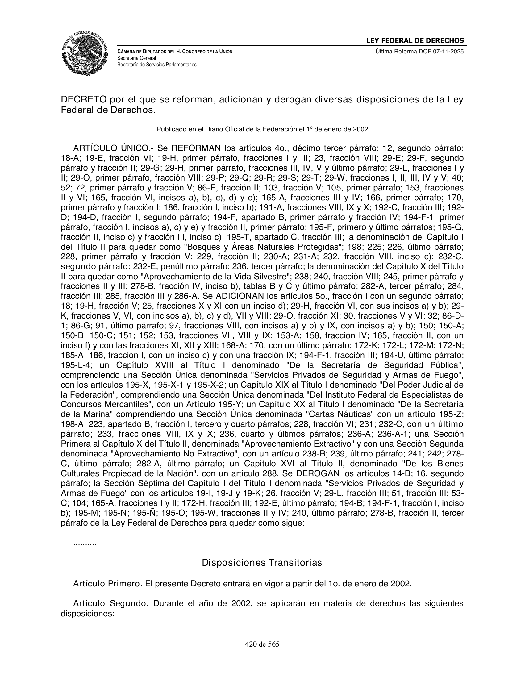 Ley Federal de Derechos — official Chamber compilation — original physical page 420 of 565; complete original page image governs, native search text may be incomplete.