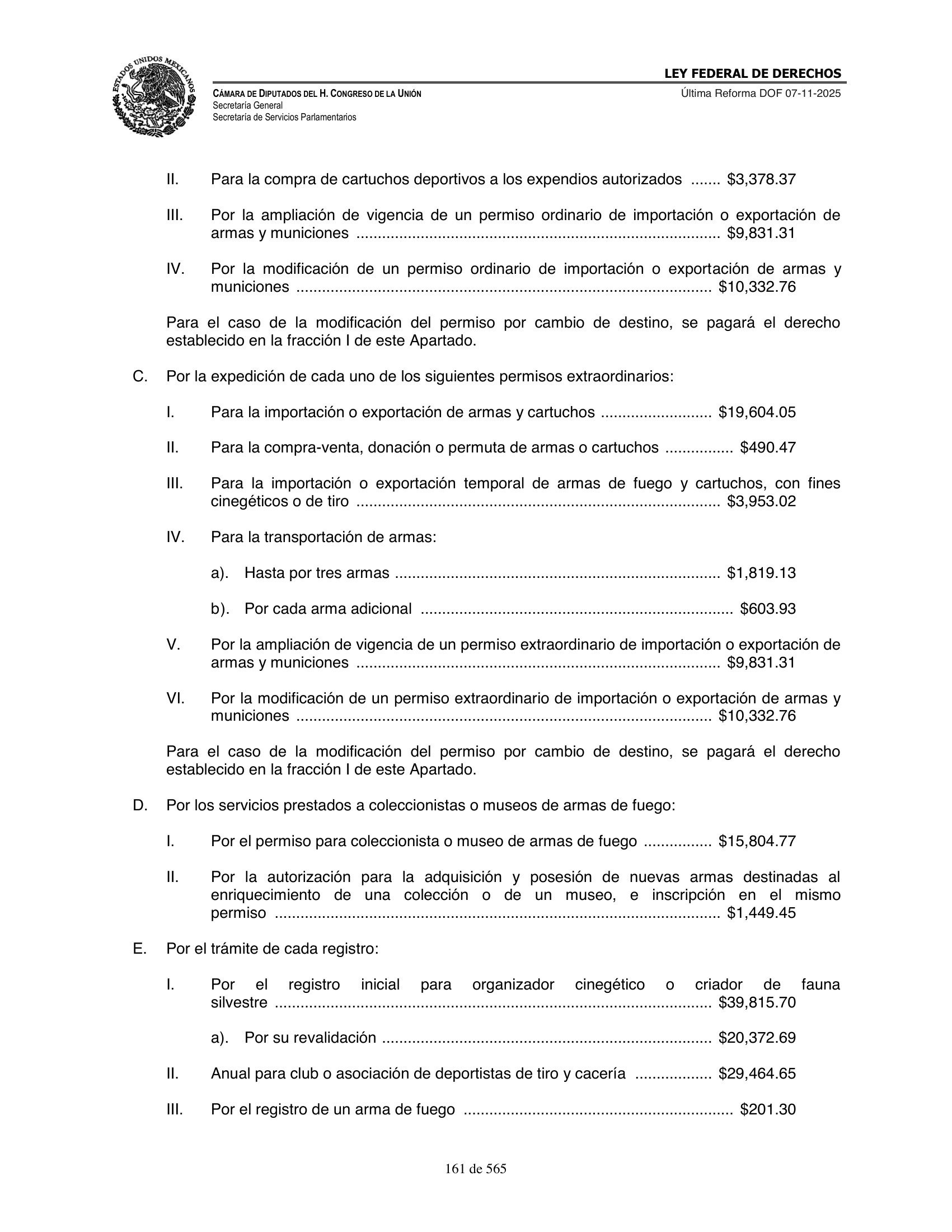 Ley Federal de Derechos — official Chamber compilation — original physical page 161 of 565; complete original page image governs, native search text may be incomplete.