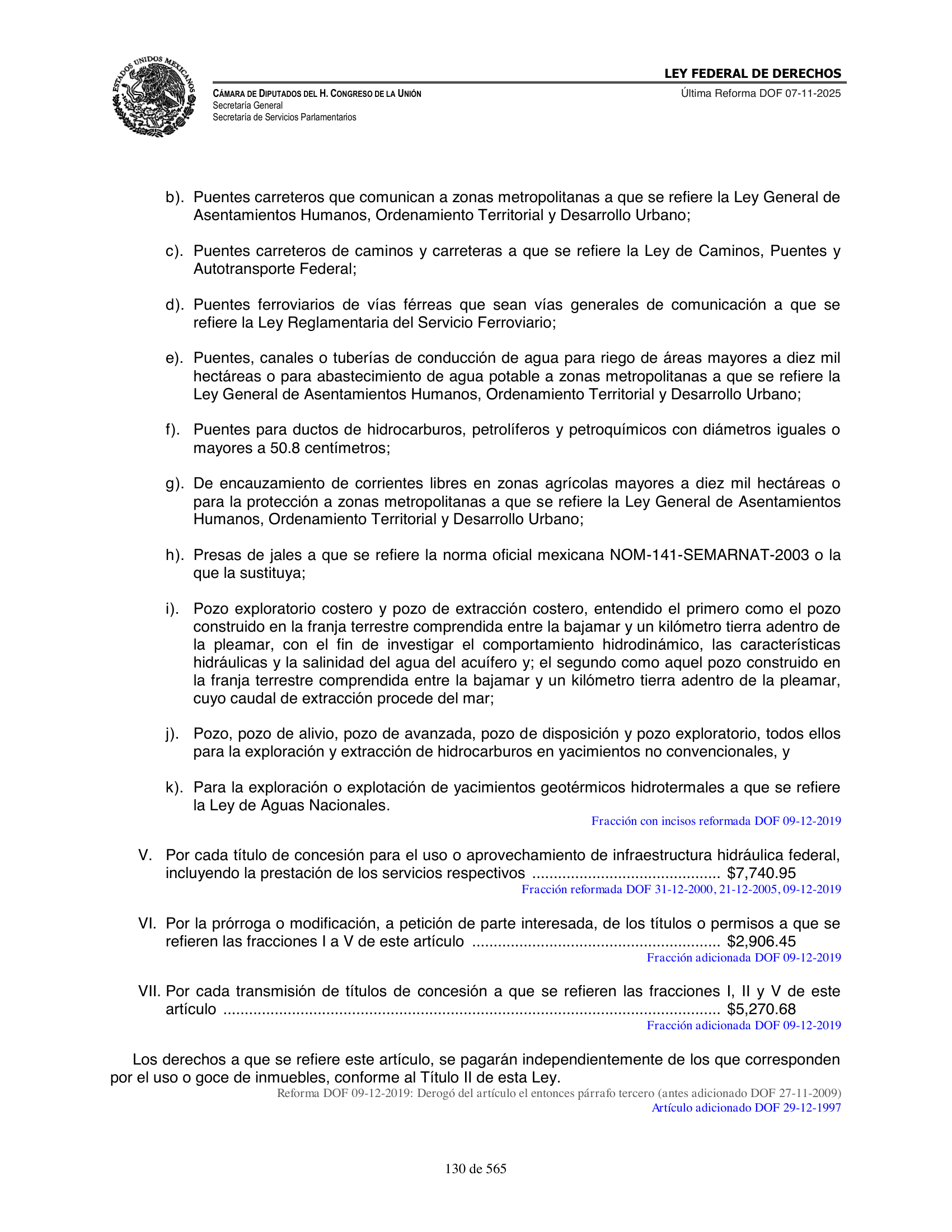 Ley Federal de Derechos — official Chamber compilation — original physical page 130 of 565; complete original page image governs, native search text may be incomplete.