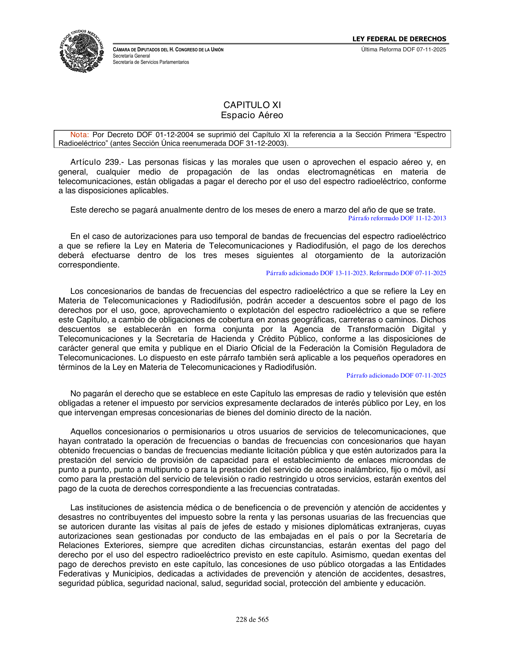 Ley Federal de Derechos — official Chamber compilation — original physical page 228 of 565; complete original page image governs, native search text may be incomplete.