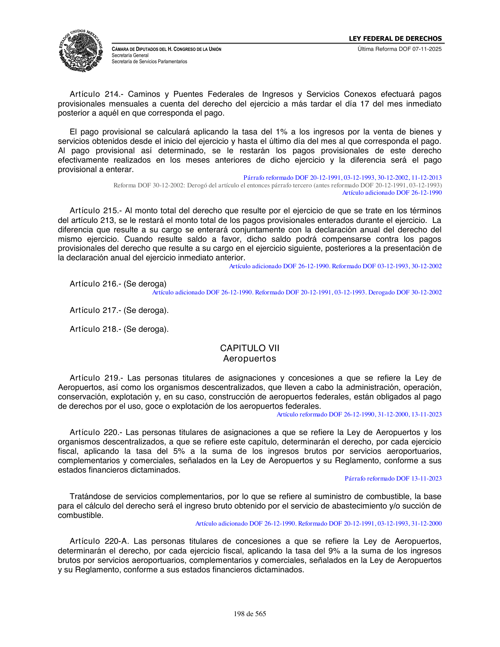 Ley Federal de Derechos — official Chamber compilation — original physical page 198 of 565; complete original page image governs, native search text may be incomplete.