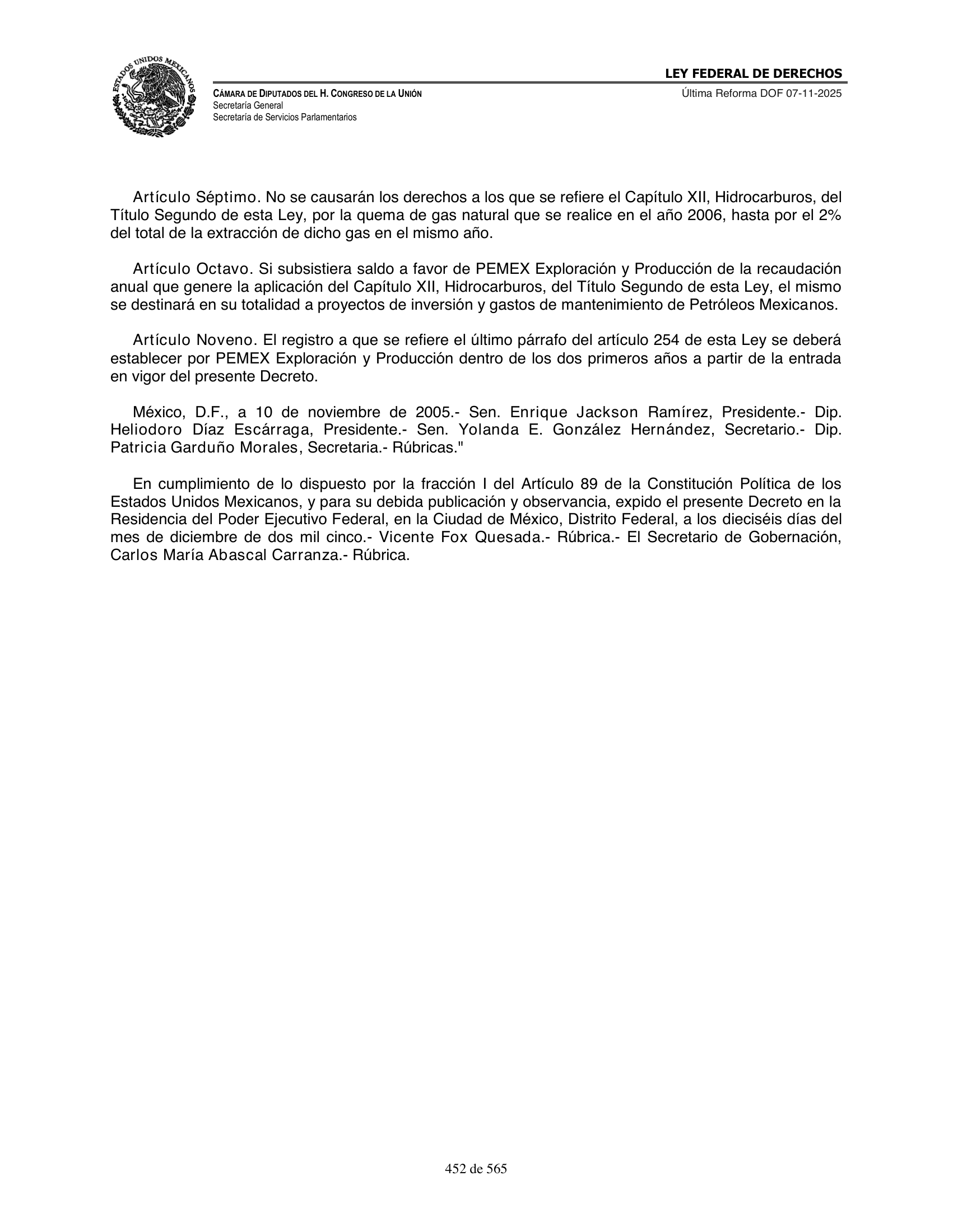 Ley Federal de Derechos — official Chamber compilation — original physical page 452 of 565; complete original page image governs, native search text may be incomplete.