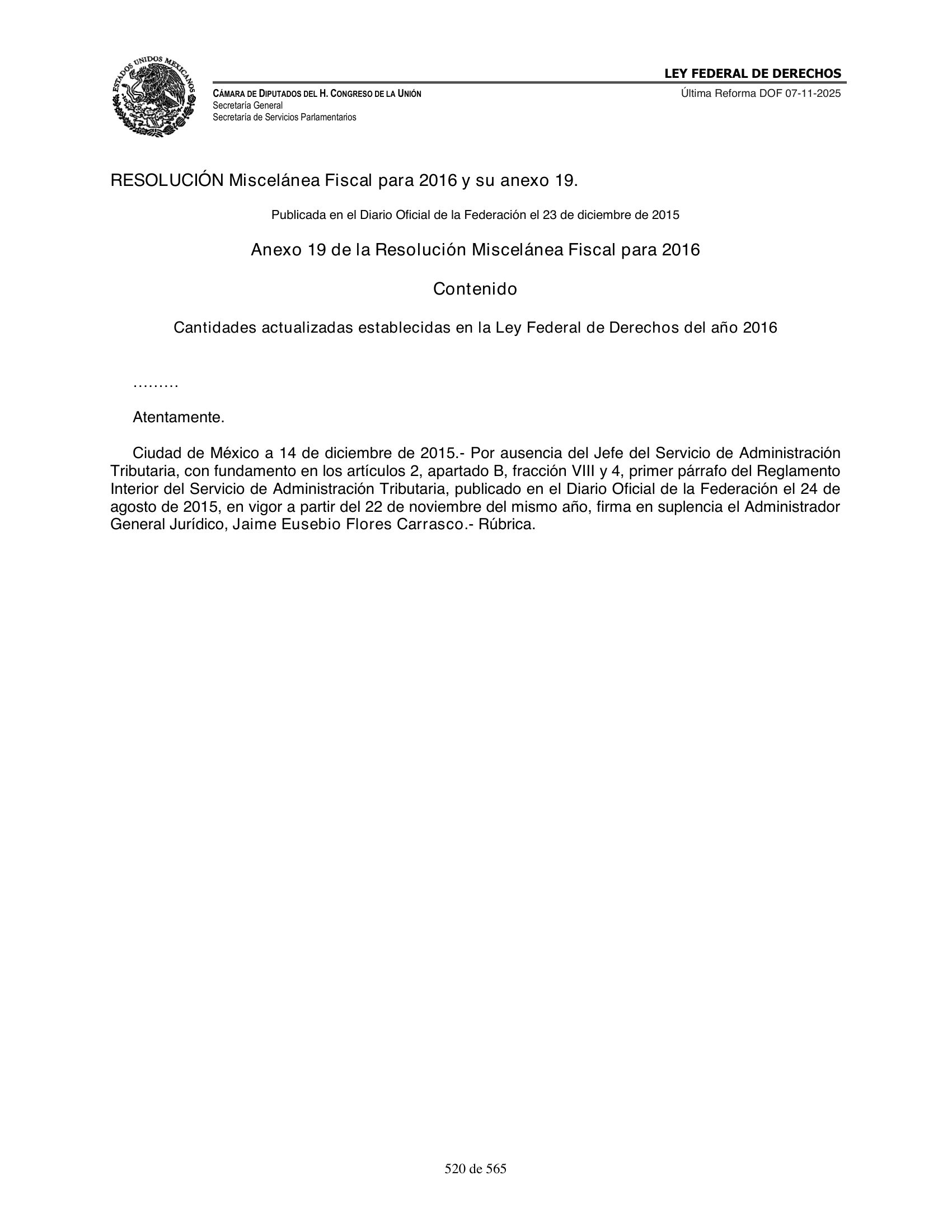 Ley Federal de Derechos — official Chamber compilation — original physical page 520 of 565; complete original page image governs, native search text may be incomplete.