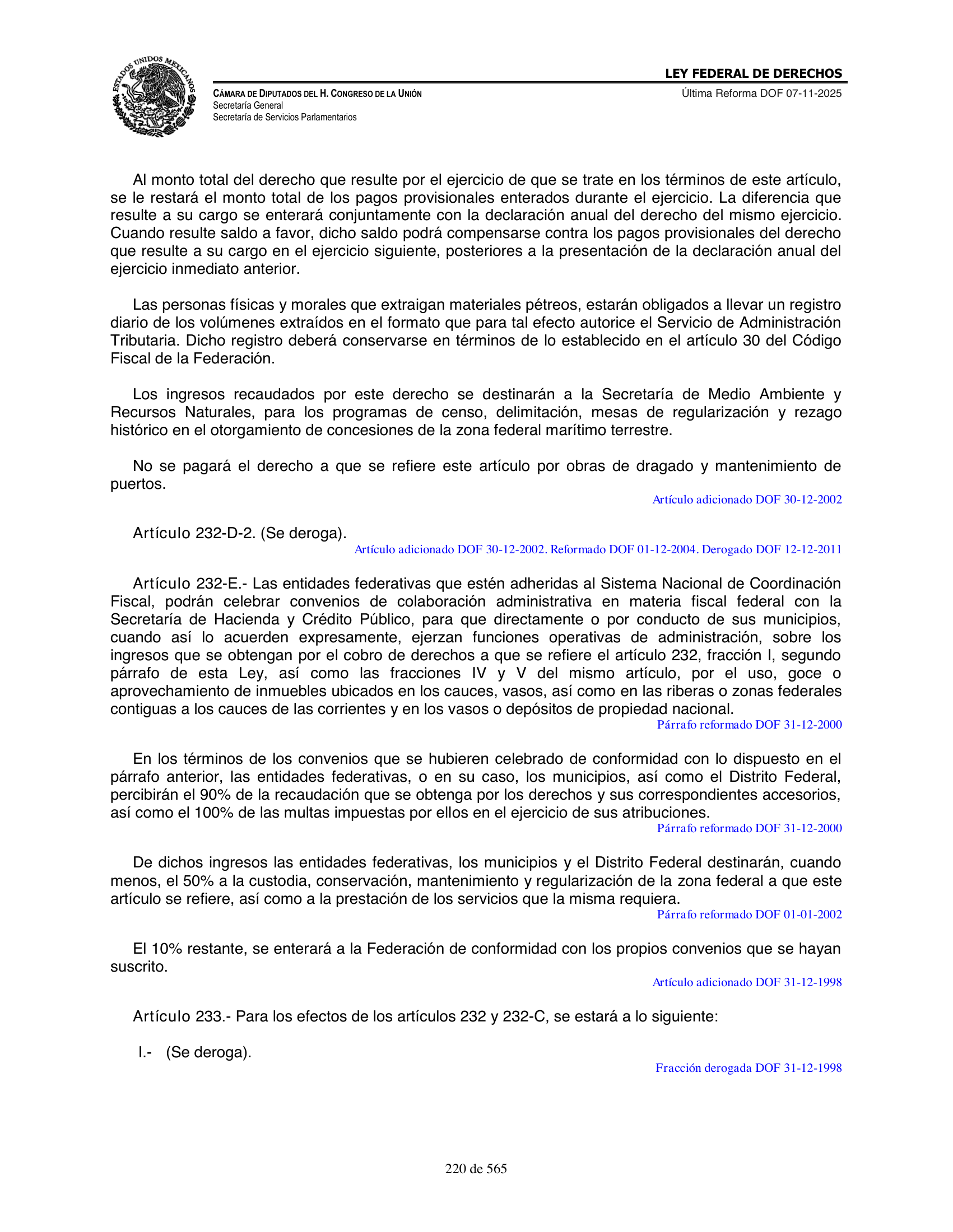 Ley Federal de Derechos — official Chamber compilation — original physical page 220 of 565; complete original page image governs, native search text may be incomplete.