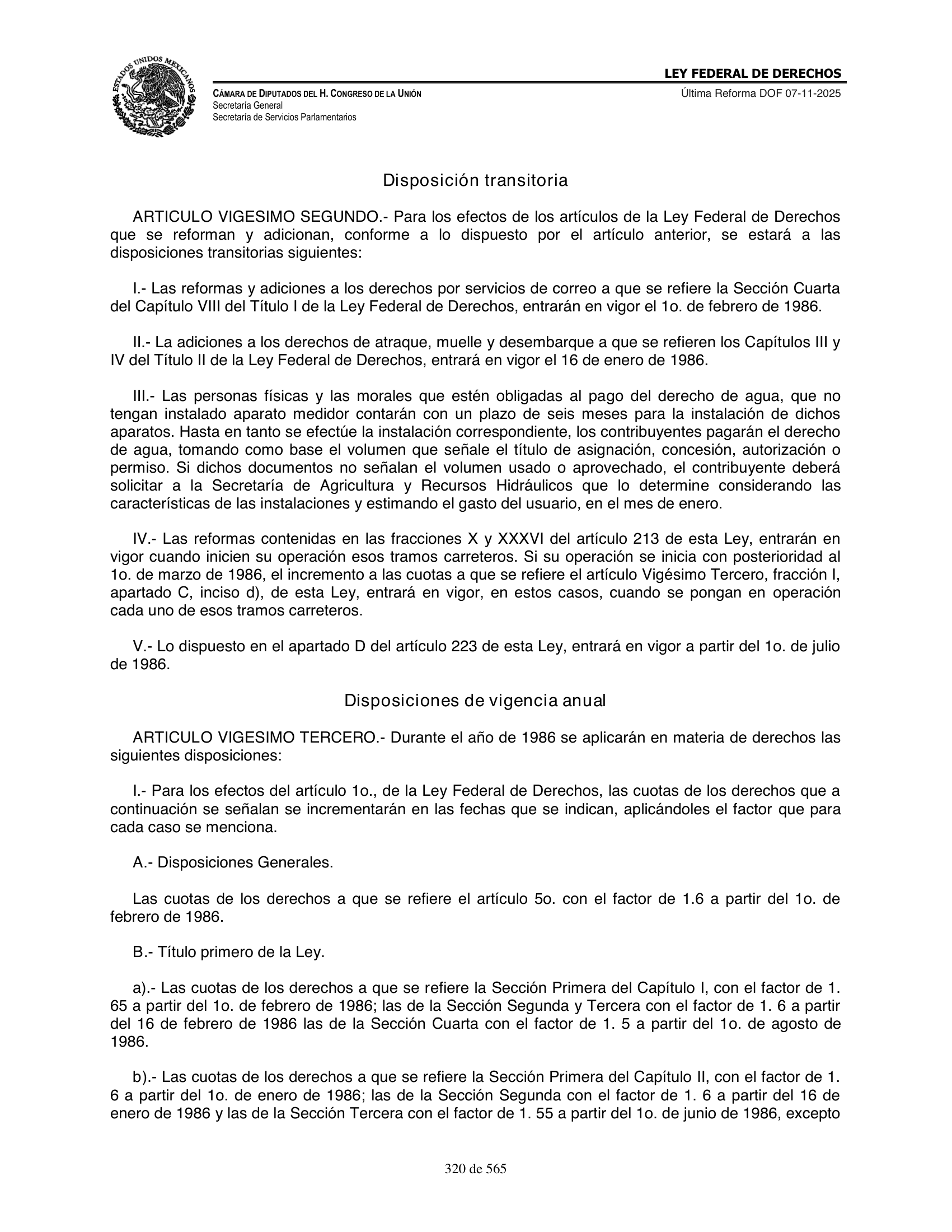 Ley Federal de Derechos — official Chamber compilation — original physical page 320 of 565; complete original page image governs, native search text may be incomplete.
