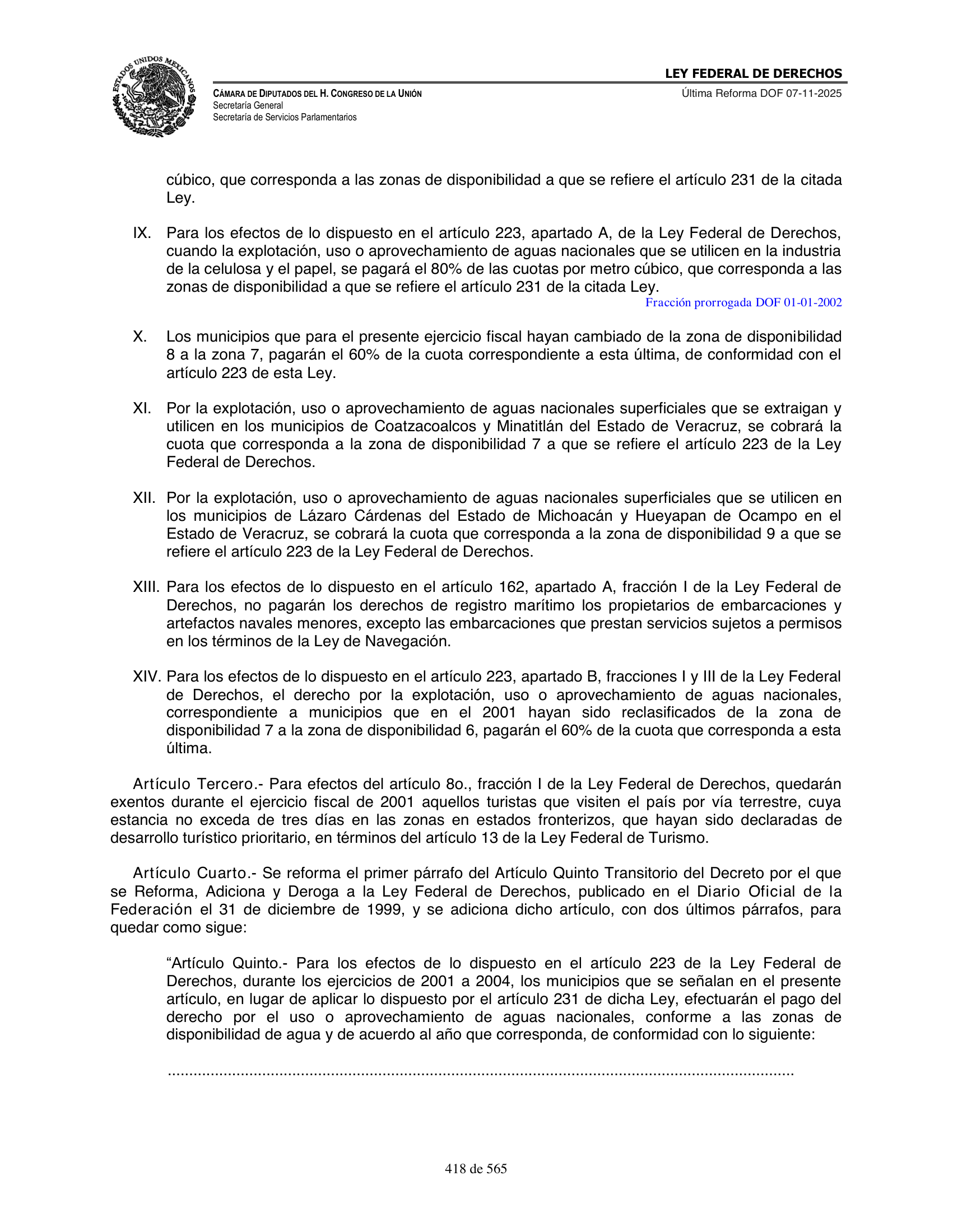 Ley Federal de Derechos — official Chamber compilation — original physical page 418 of 565; complete original page image governs, native search text may be incomplete.