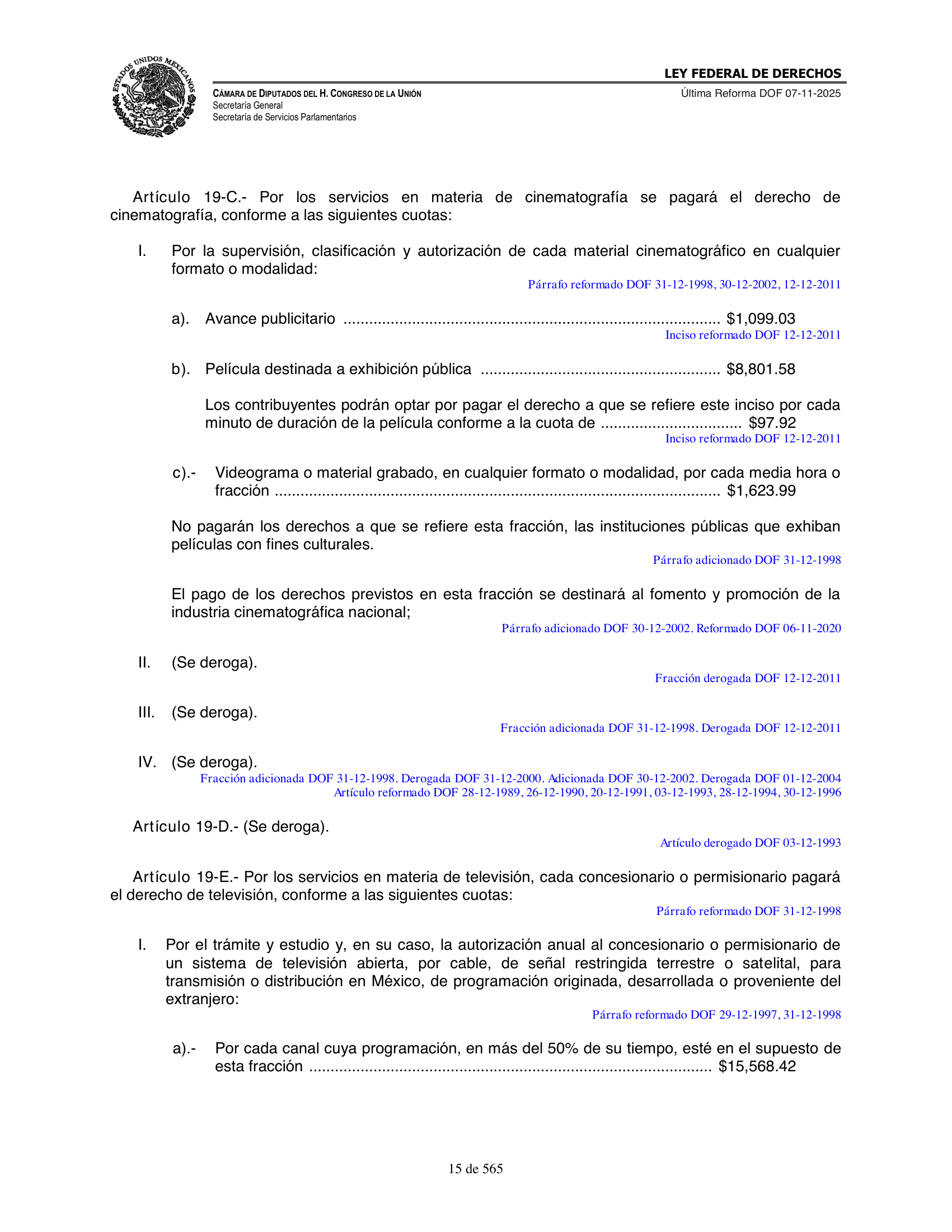 Ley Federal de Derechos — official Chamber compilation — original physical page 15 of 565; complete original page image governs, native search text may be incomplete.